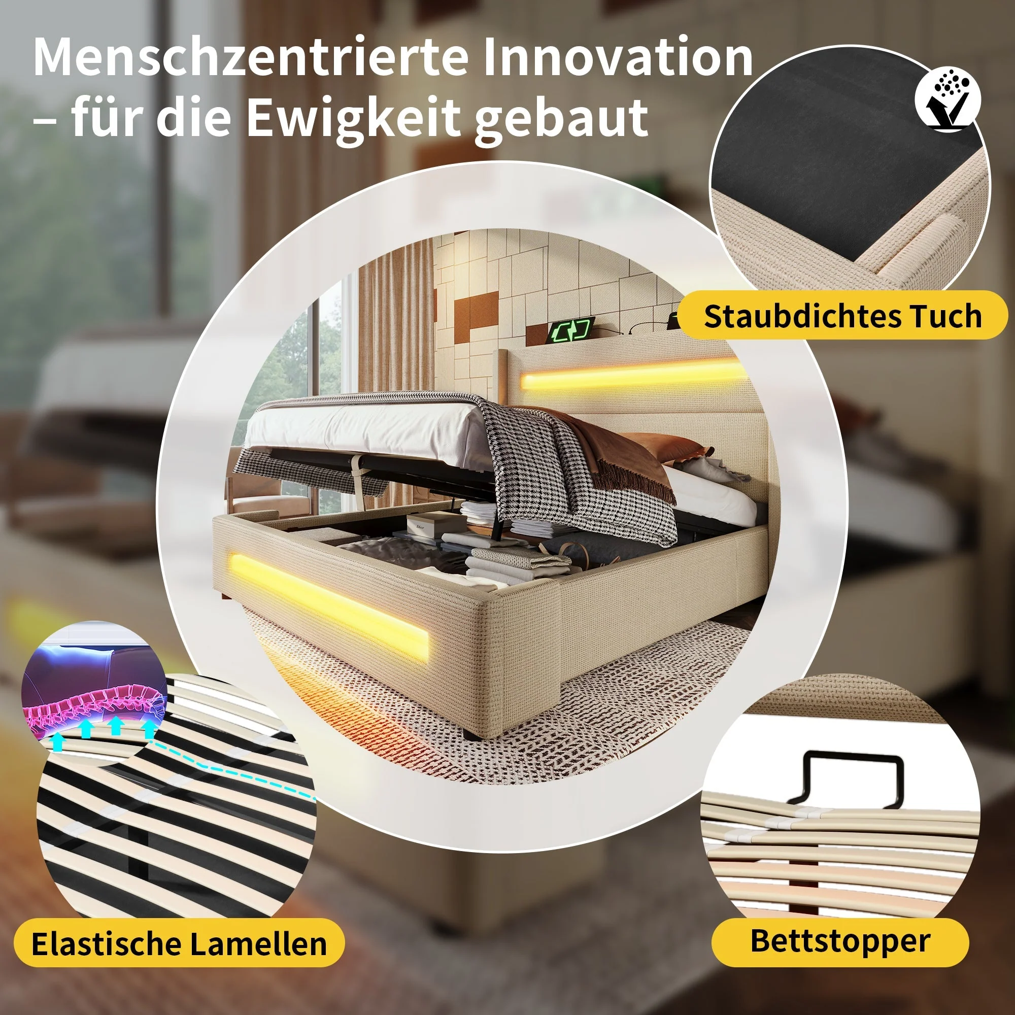 Upholstered Double Bed, 160x200 cm, LED, Hydraulic Storage, USB-C Charging, Metal Frame, Beige Linen - Image 4