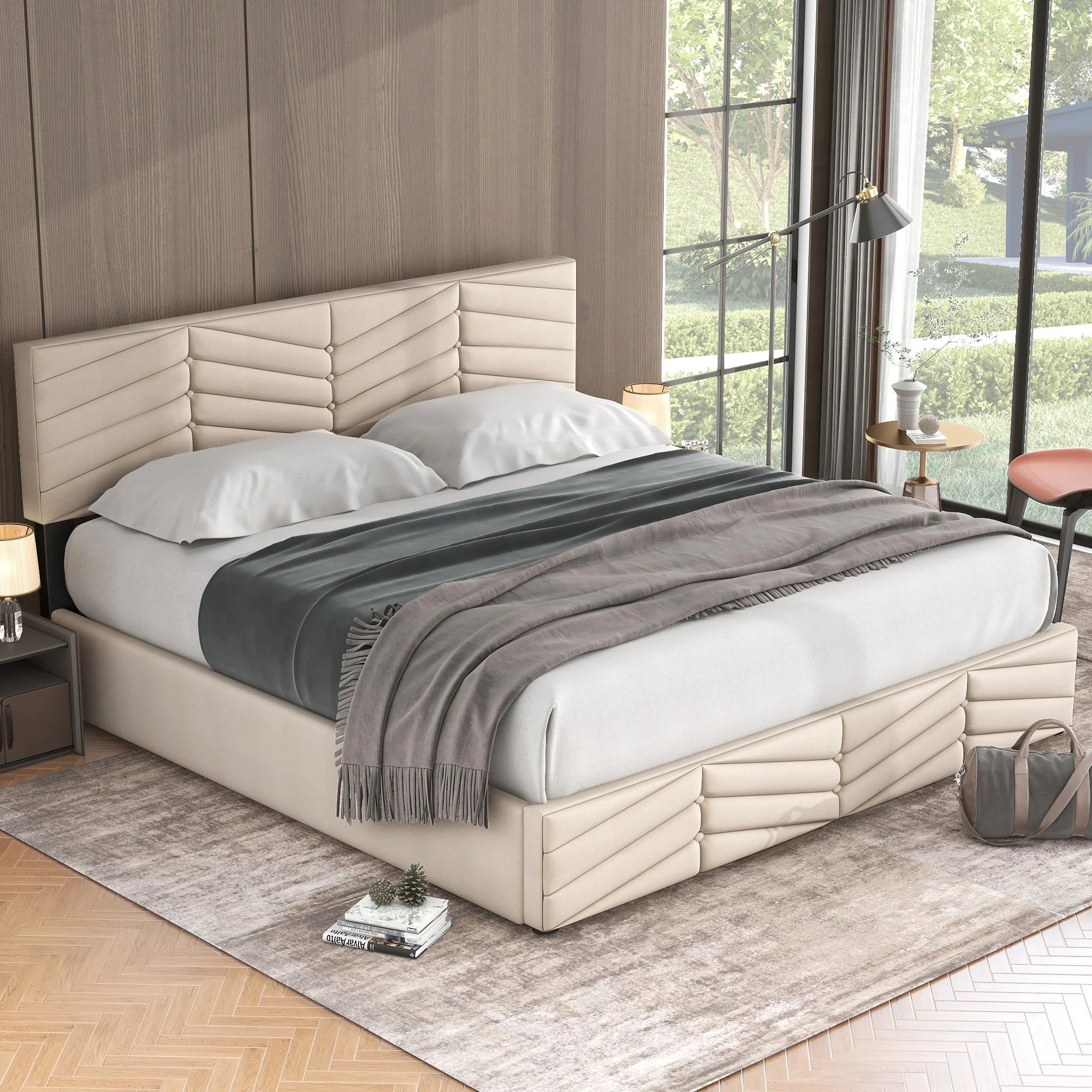 Upholstered Double Bed 160x200 Hydraulic Functional with Height-Adjustable Headboard, Striped Continental Style - Velvet Beige - Image 7