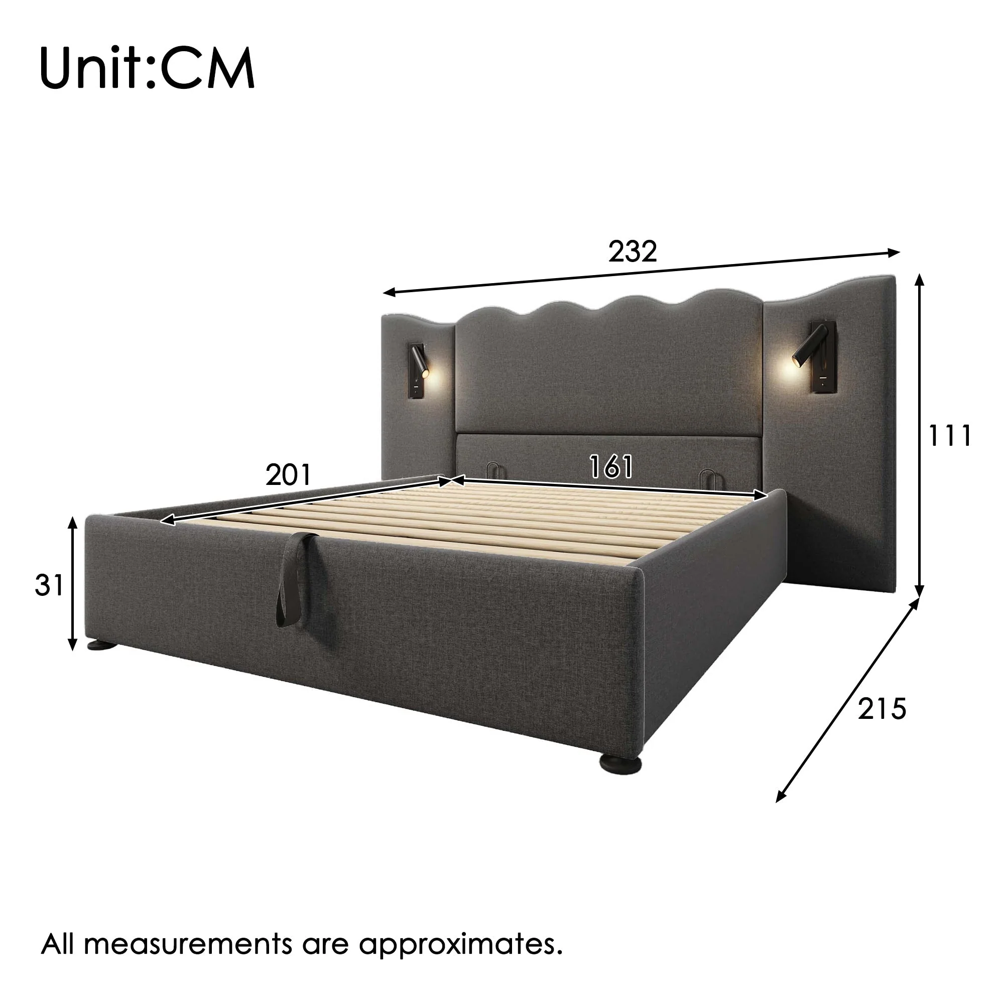 Upholstered Double Bed 160x200, Reading Lamp & USB-C, Storage, Solid Wood & Metal, Grey Linen - Image 3