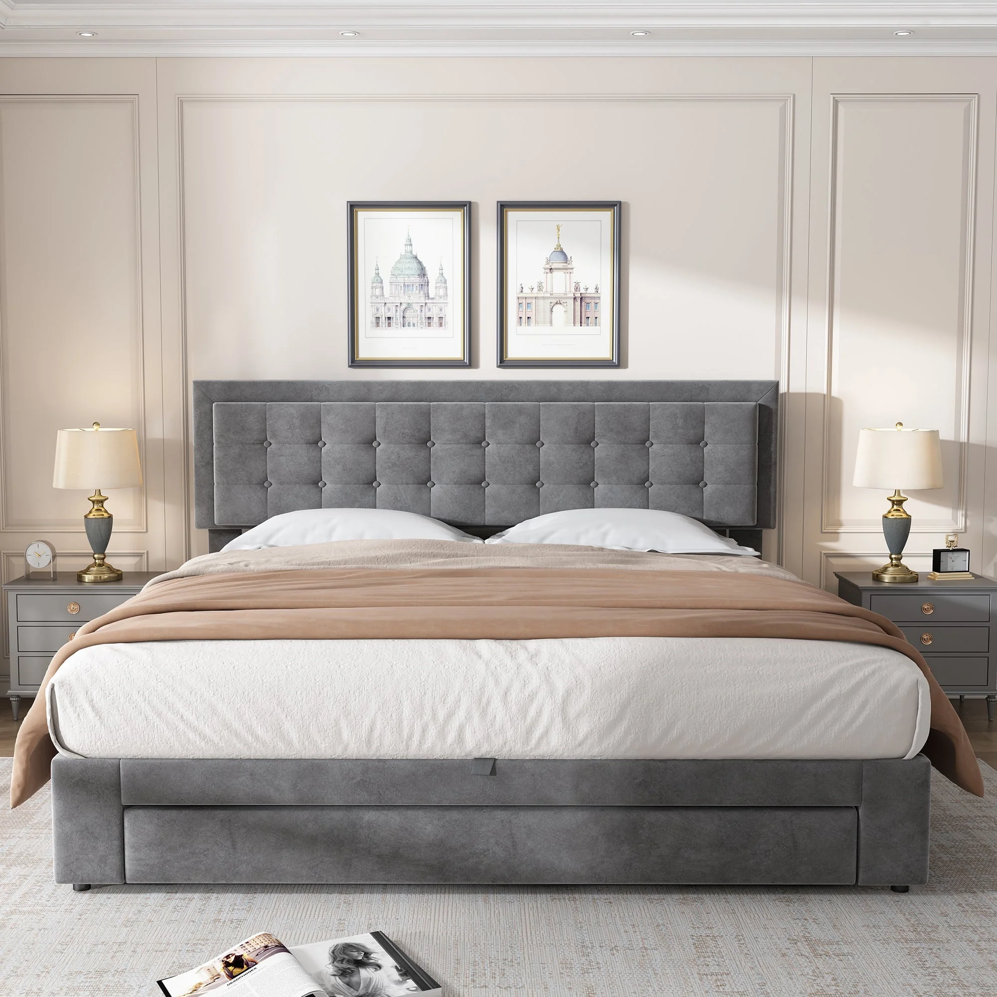 Upholstered Double Bed 160x200 Storage Drawers Slatted Frame - Velvet Grey - Image 4
