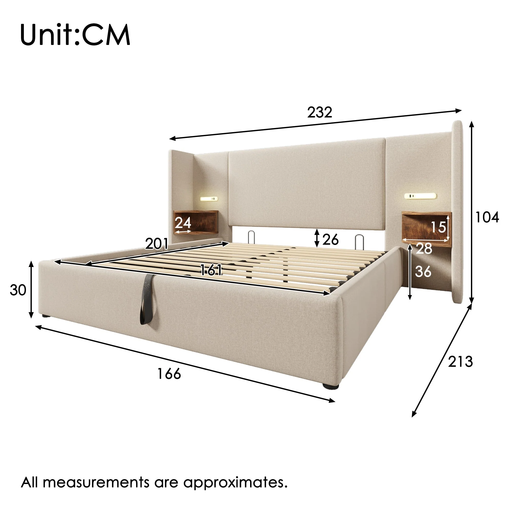 Upholstered Double Bed, 160x200, with Bedside Table, Reading Lamp & USB-C Charging, Beige Linen - Image 2