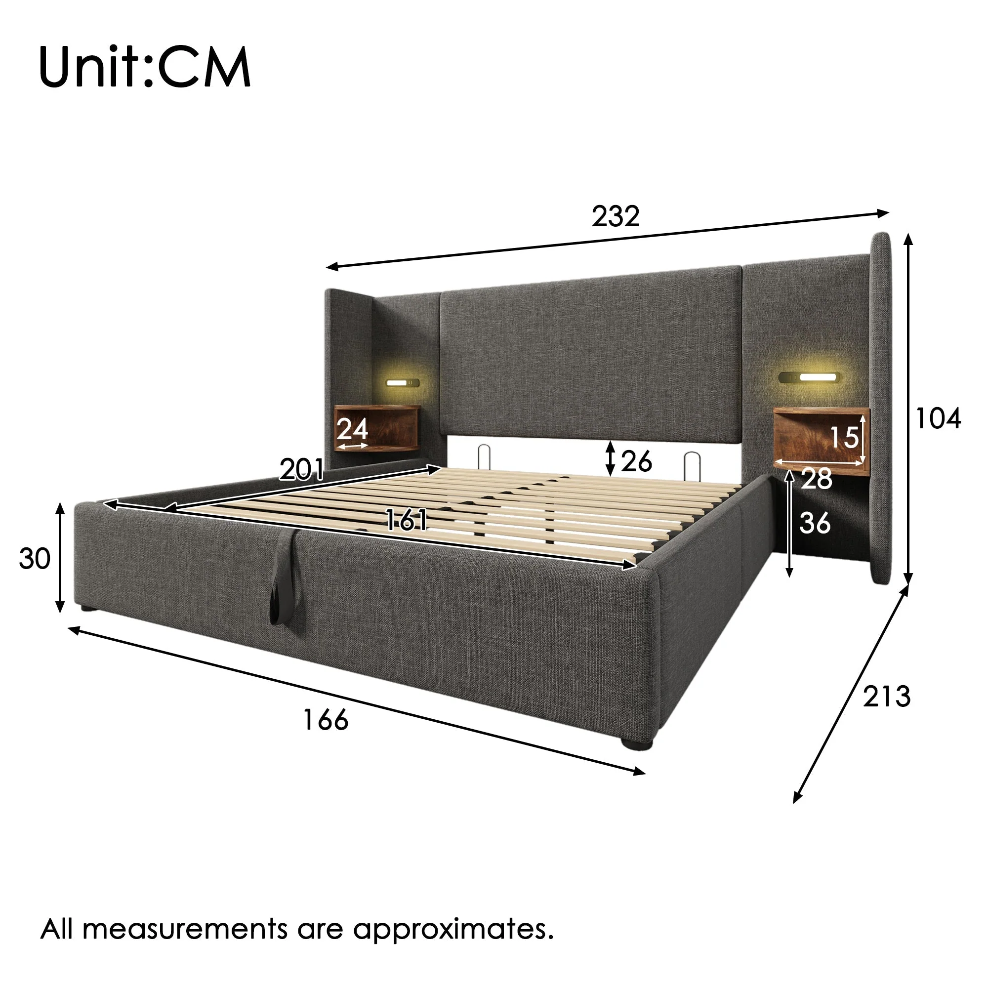 Upholstered Double Bed 160x200, with Bedside Table, Reading Lamp, USB-C, Gray Linen - Image 2