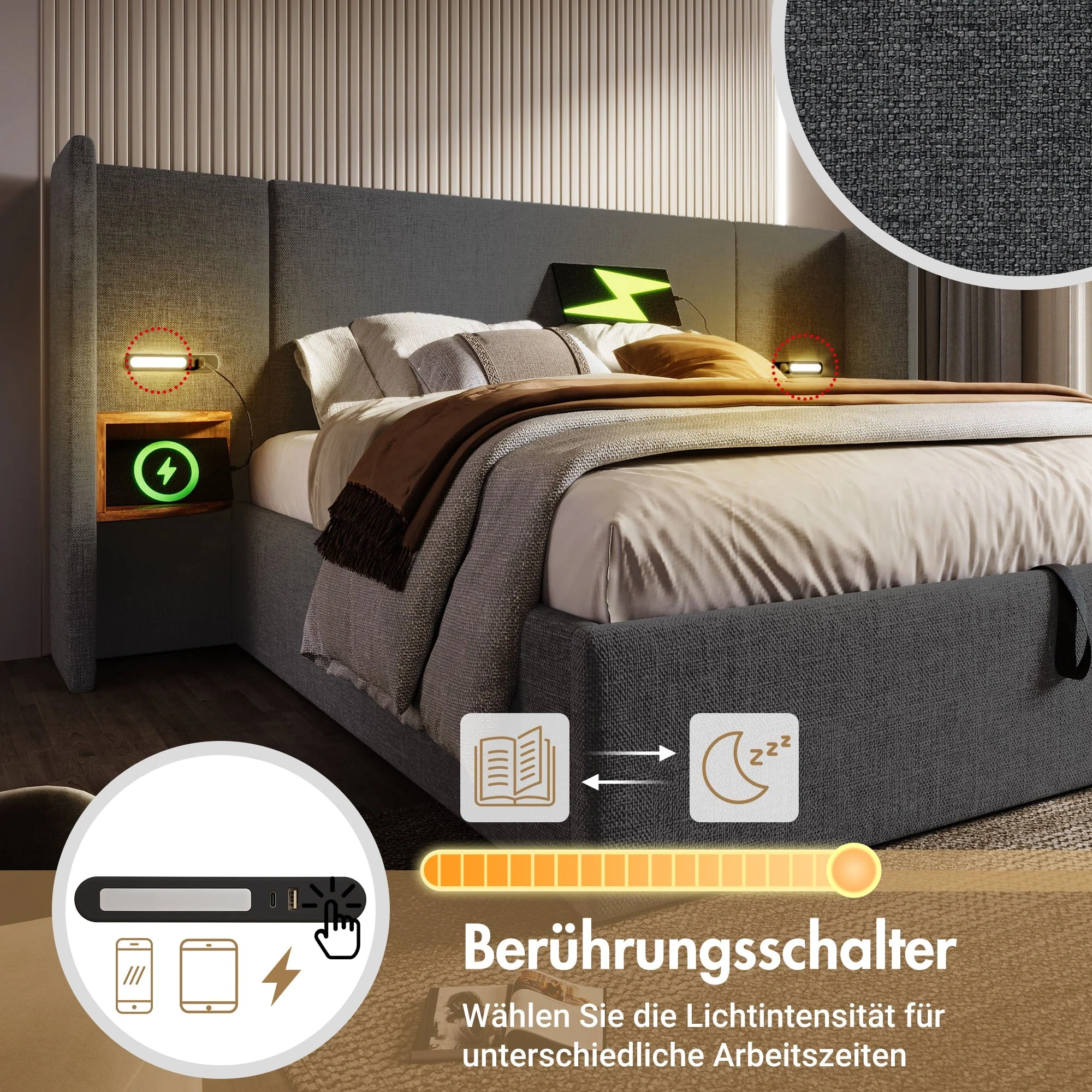 Upholstered Double Bed 160x200, with Bedside Table, Reading Lamp, USB-C, Gray Linen - Image 4