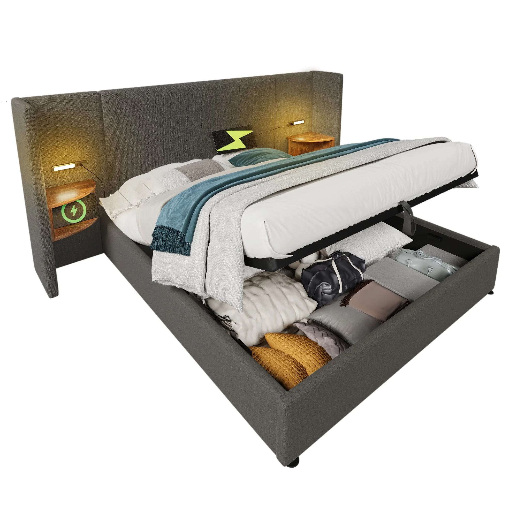 Upholstered Double Bed 160x200, with Bedside Table, Reading Lamp, USB-C, Gray Linen - Image 7