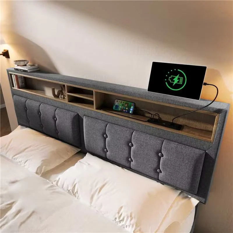 Upholstered Double Bed 160x200 with USB-C, Headboard & Storage, Linen Material - Image 6