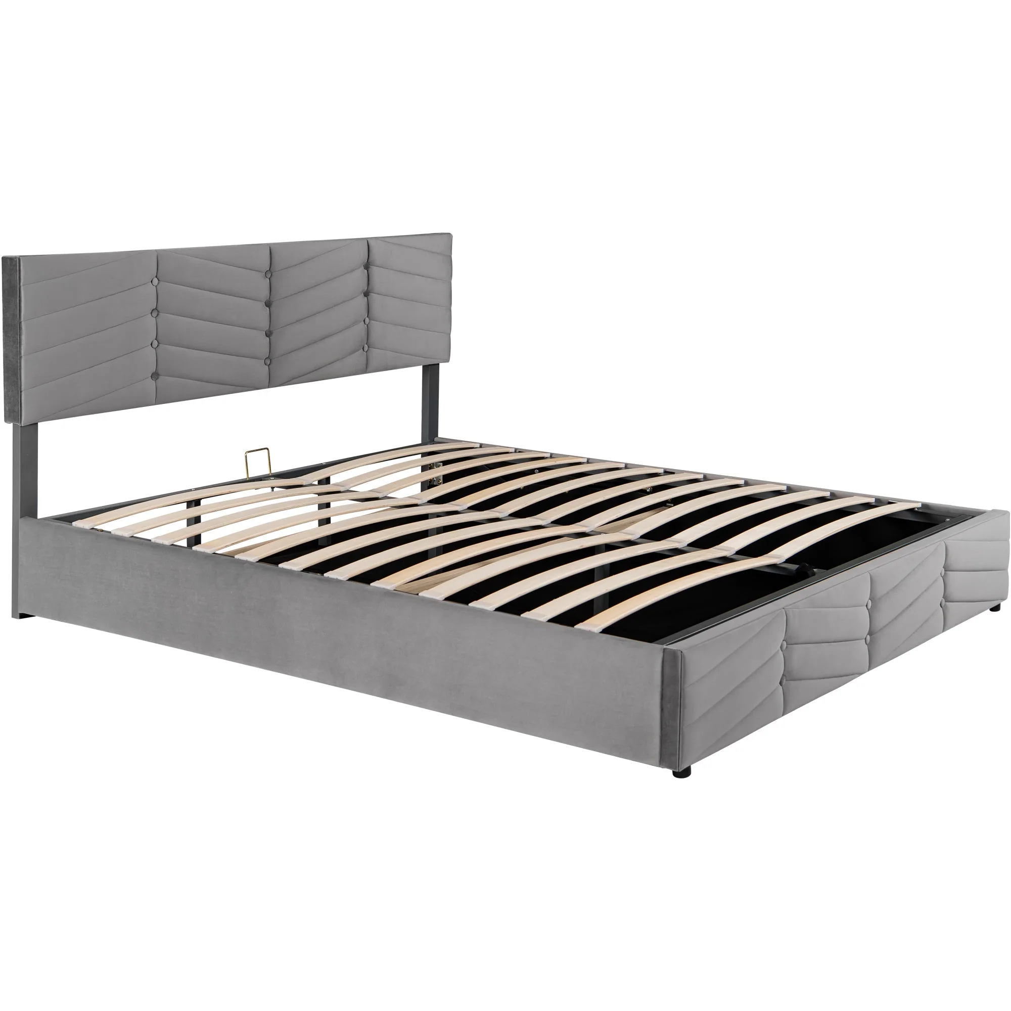 Upholstered Double Bed 160x200cm Hydraulic Lift Striped Height-Adjustable Headboard Velvet Grey - Image 10