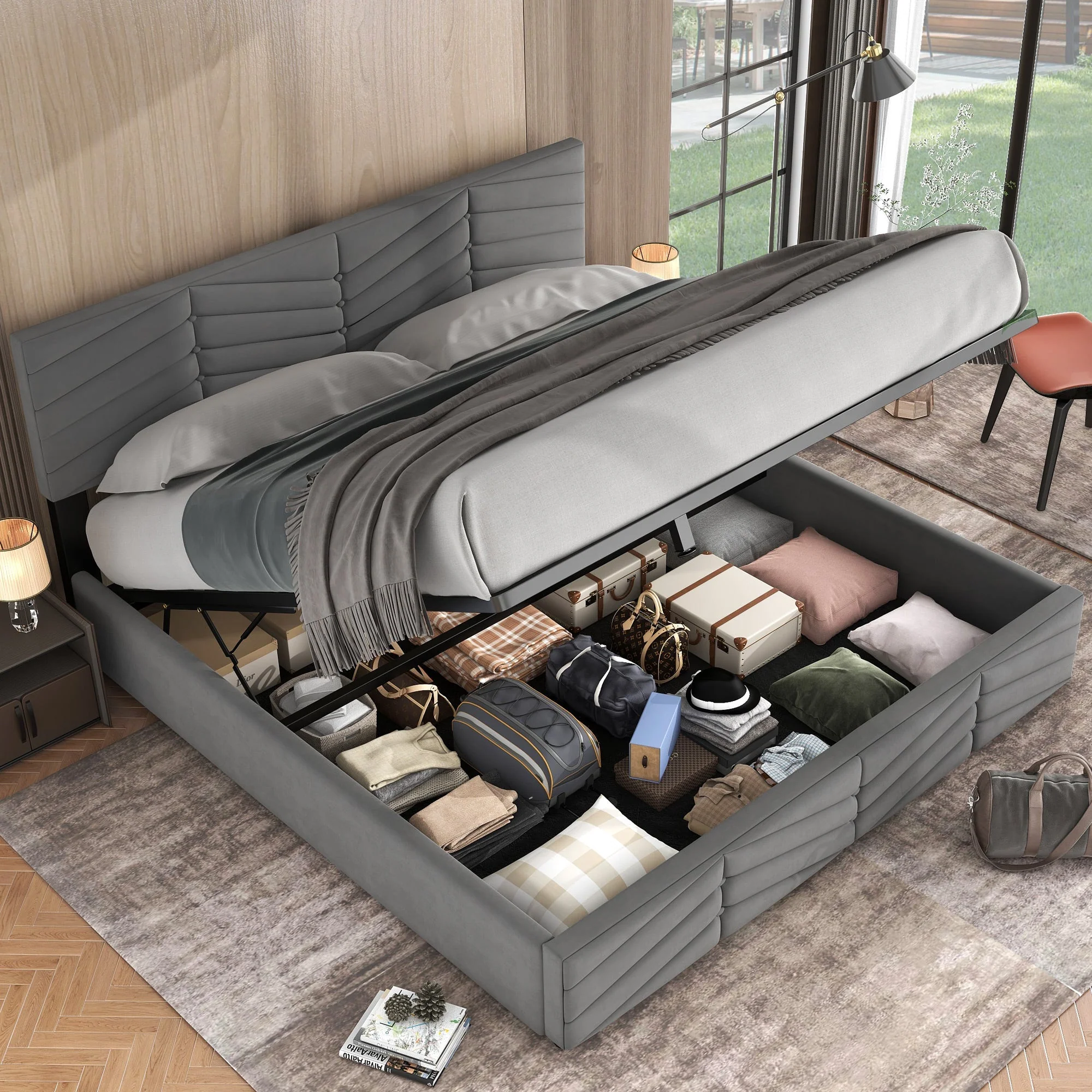 Upholstered Double Bed 160x200cm Hydraulic Lift Striped Height-Adjustable Headboard Velvet Grey - Image 3