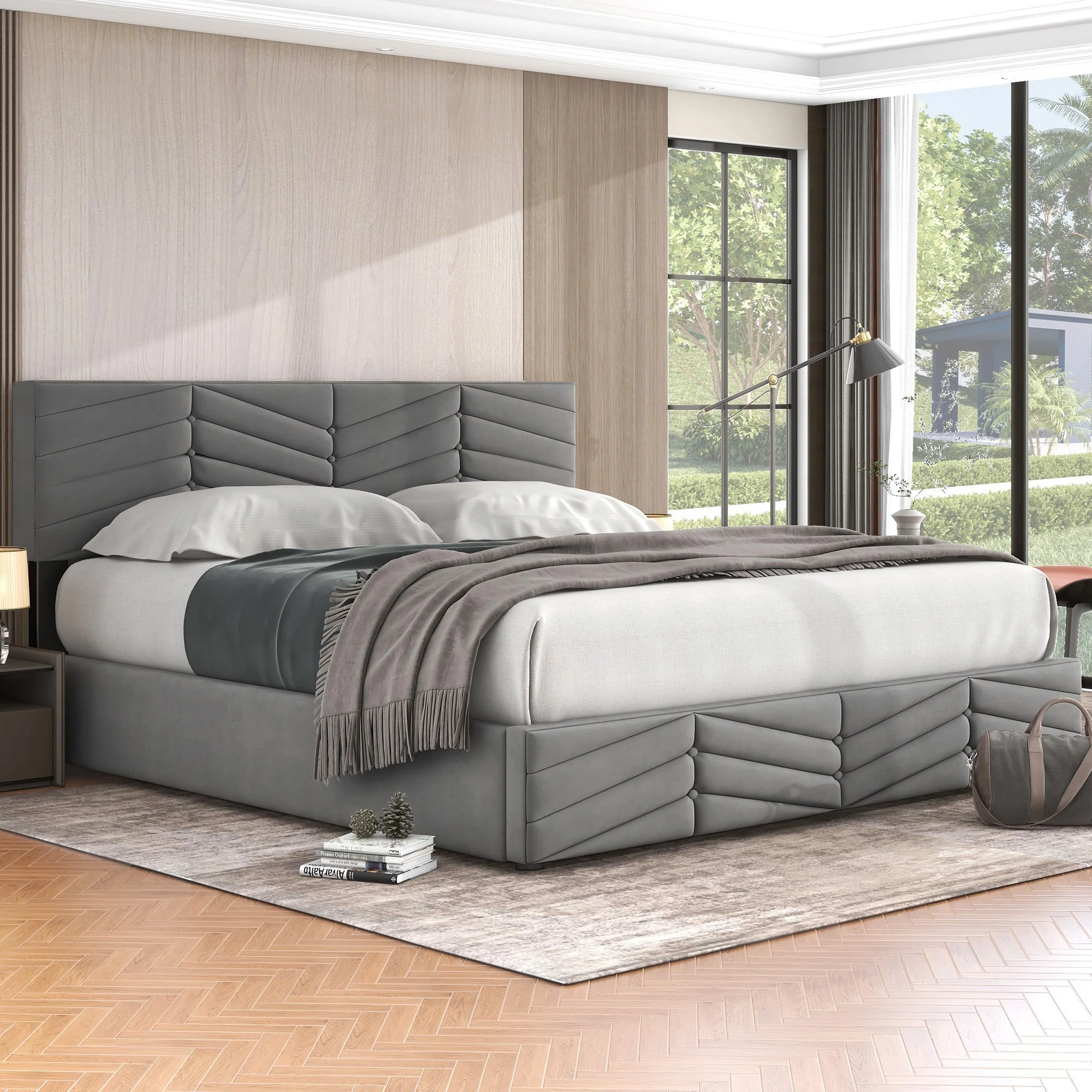 Upholstered Double Bed 160x200cm Hydraulic Lift Striped Height-Adjustable Headboard Velvet Grey - Image 4