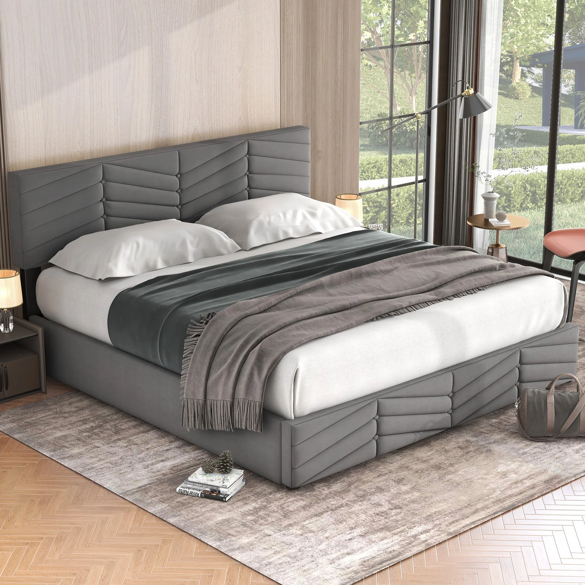 Upholstered Double Bed 160x200cm Hydraulic Lift Striped Height-Adjustable Headboard Velvet Grey - Image 5