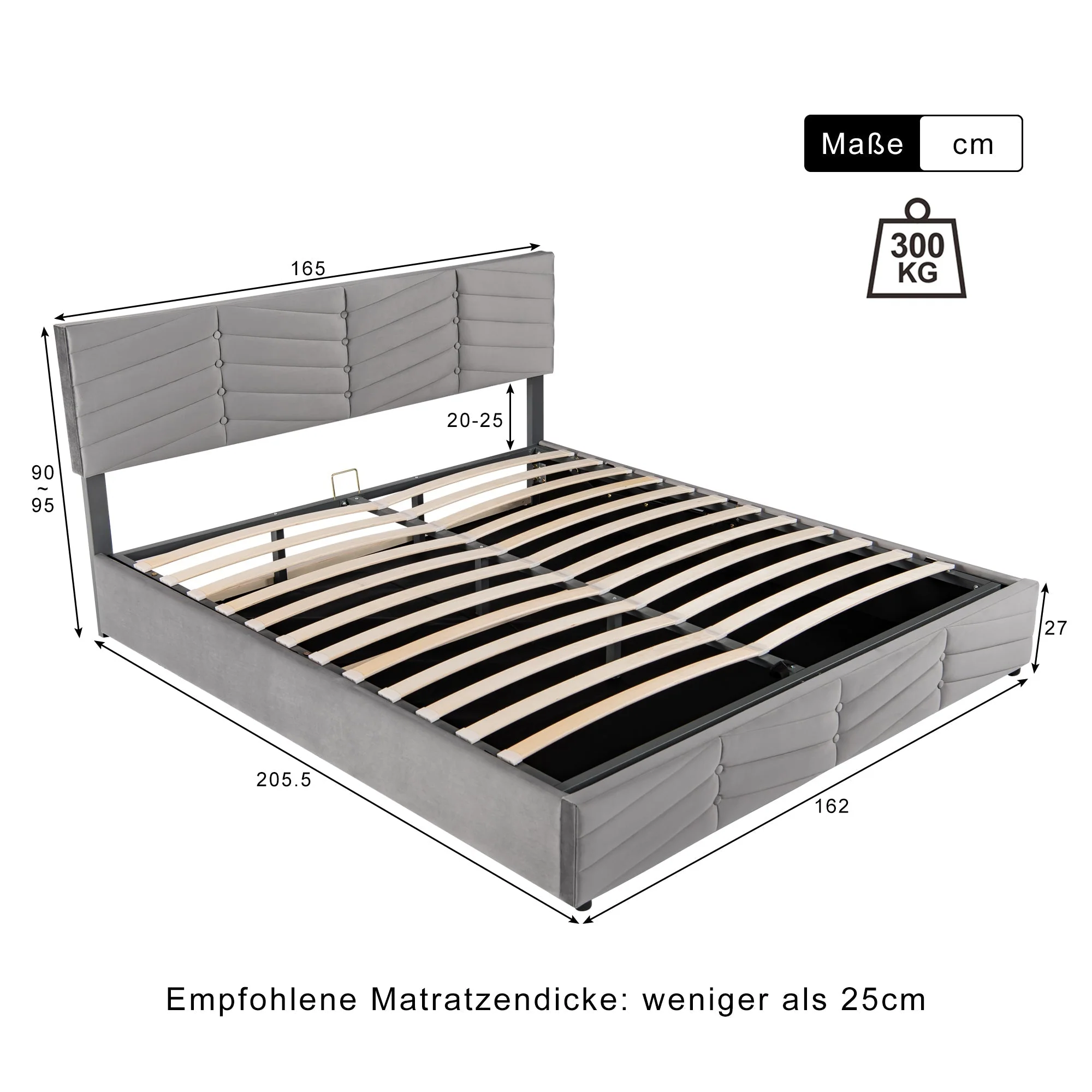 Upholstered Double Bed 160x200cm Hydraulic Lift Striped Height-Adjustable Headboard Velvet Grey - Image 7