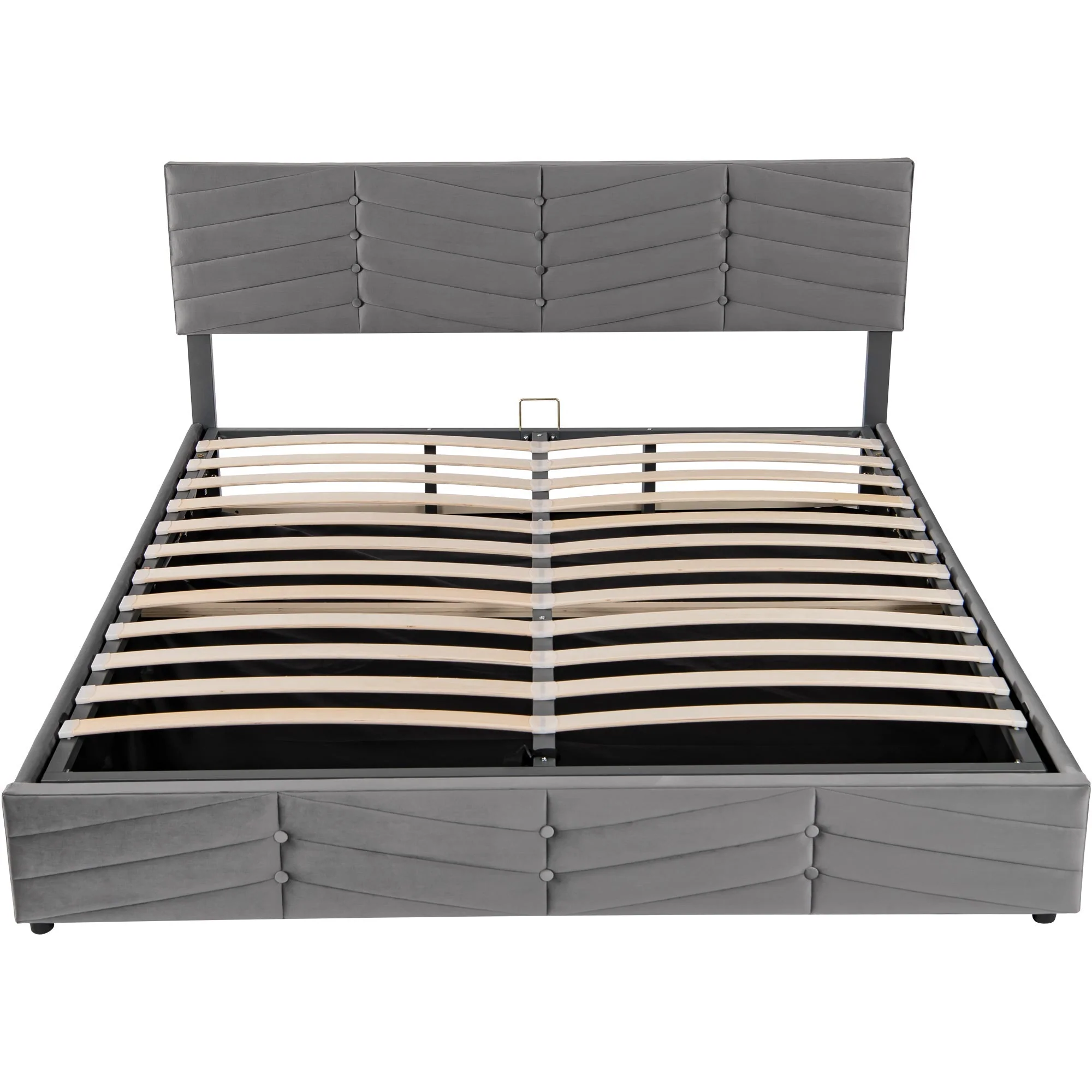 Upholstered Double Bed 160x200cm Hydraulic Lift Striped Height-Adjustable Headboard Velvet Grey - Image 8