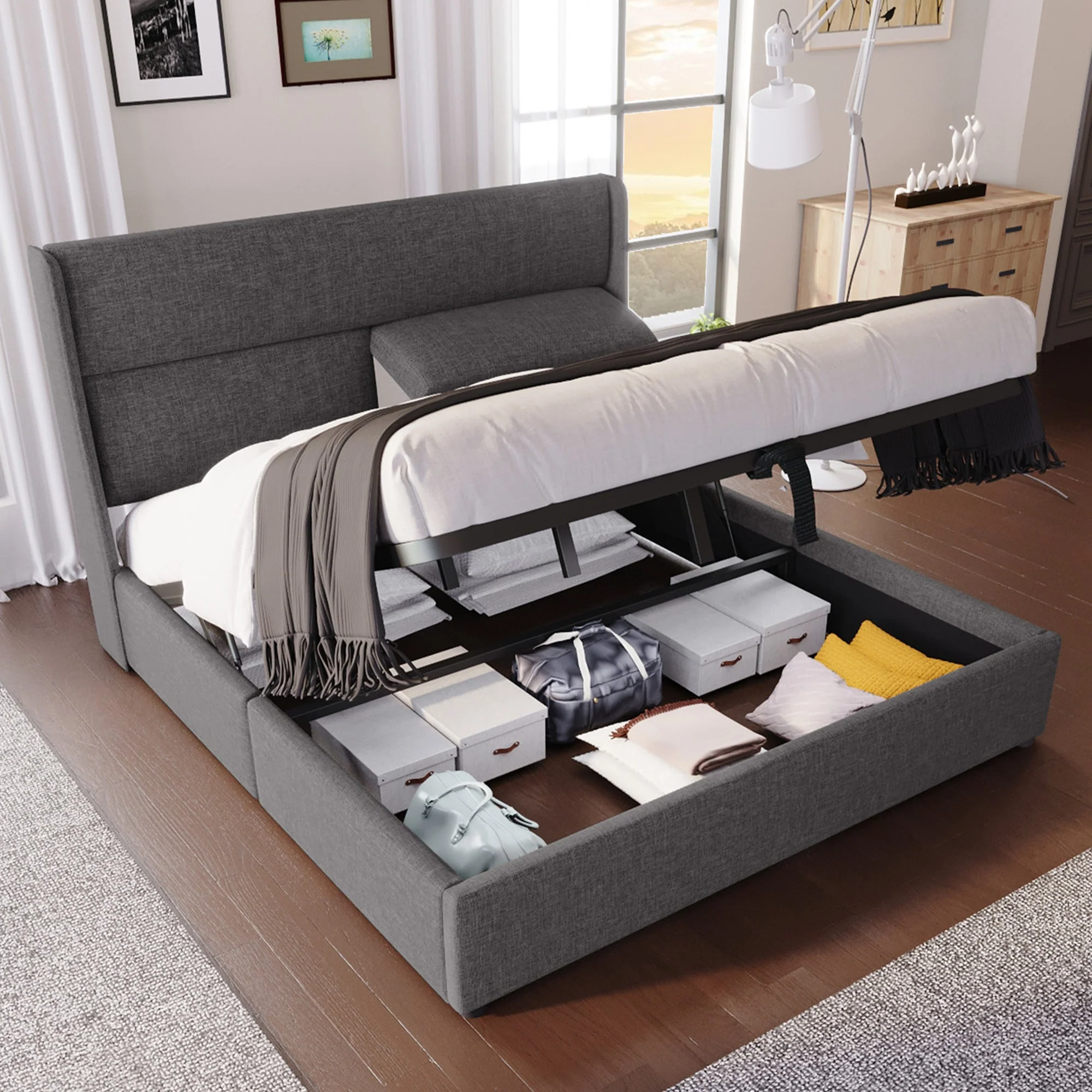 Upholstered Double Bed 160x200cm Hydraulic Storage Adjustable Headrests Linen Grey - Image 9