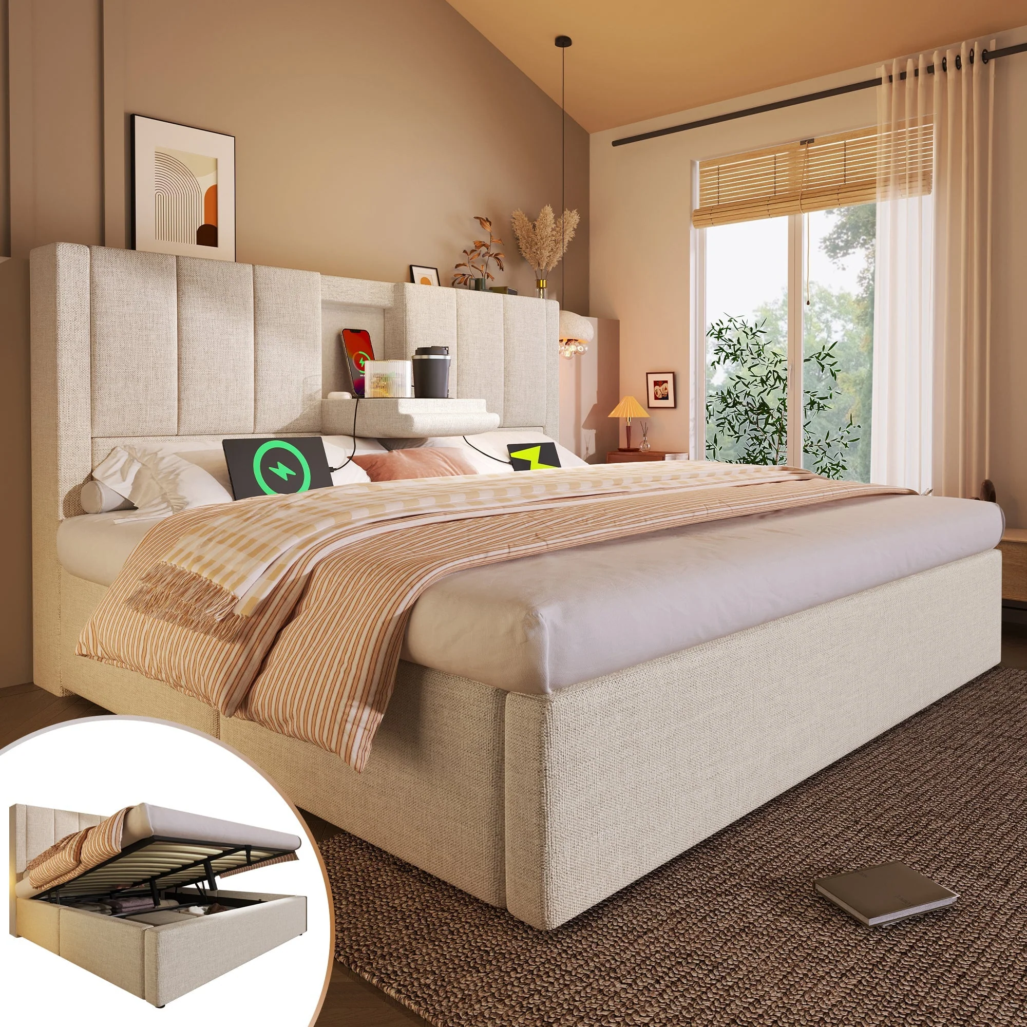 Upholstered Double Bed 160x200cm Hydraulic Storage Cup Holder Charging Station - Linen Beige