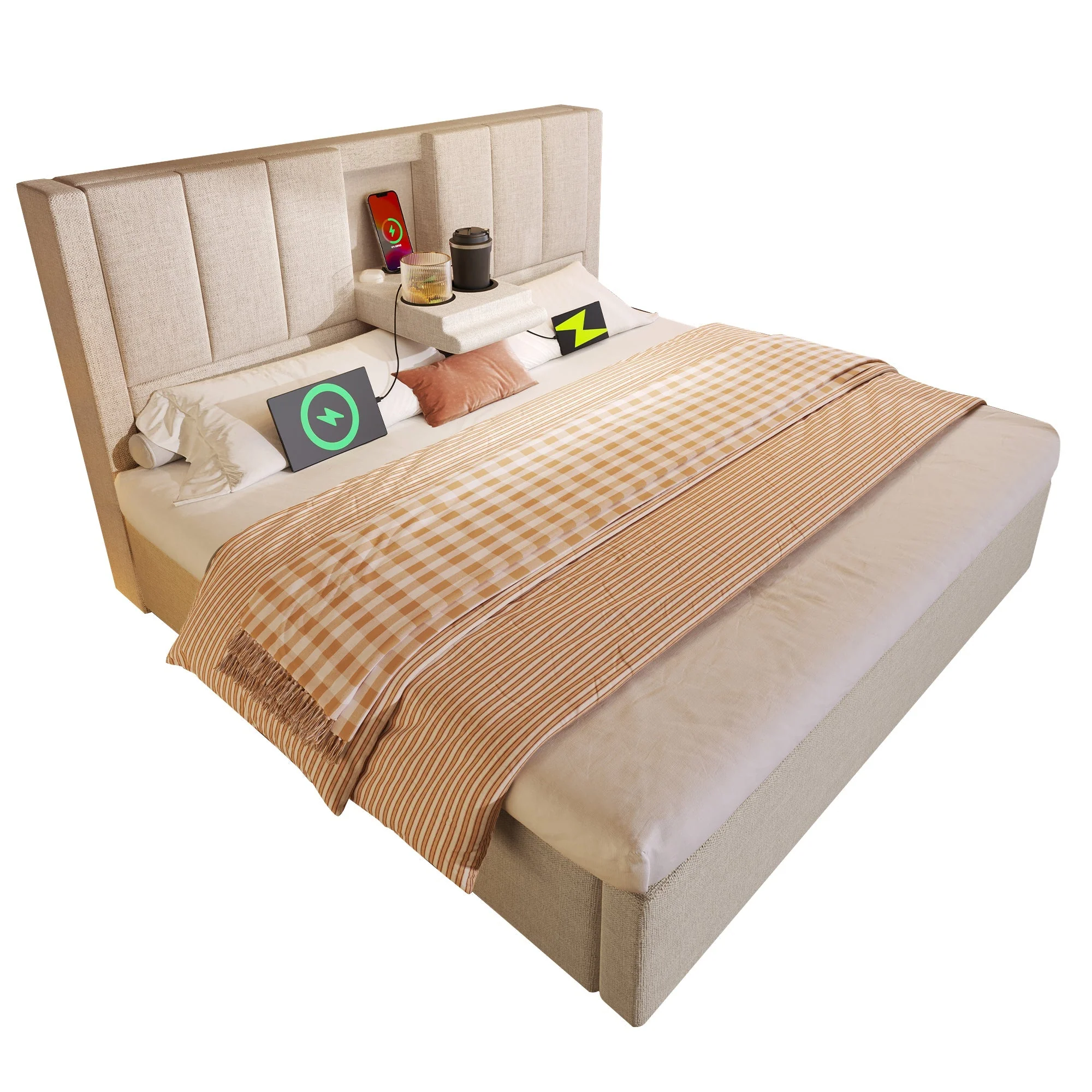 Upholstered Double Bed 160x200cm Hydraulic Storage Cup Holder Charging Station - Linen Beige - Image 7