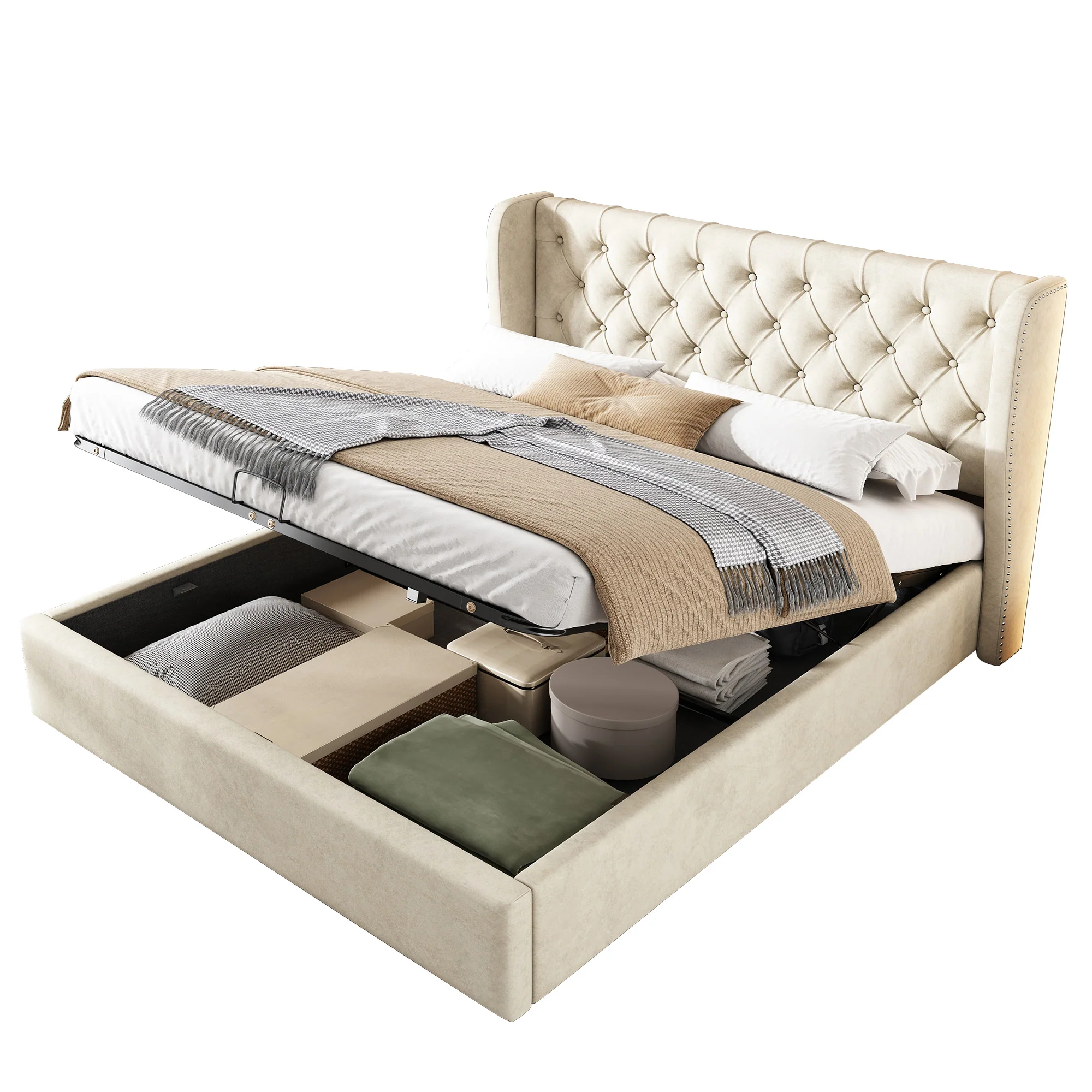Upholstered Double Bed 160x200cm Hydraulic Storage Ear Shape - Velvet Beige - Image 5