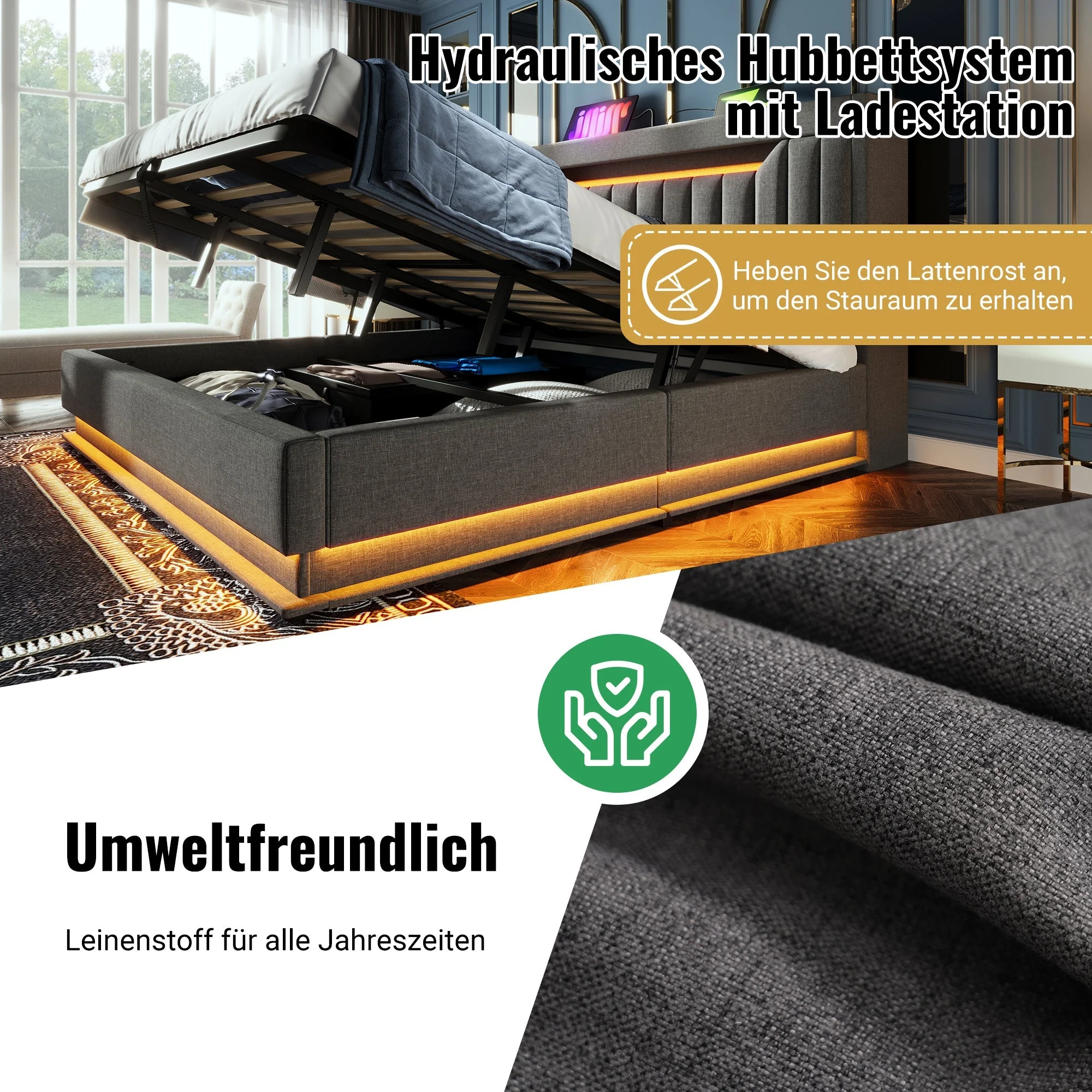 Upholstered Double Bed 160x200cm, Hydraulic Storage Headboard with USB/Type-C, LED Lights, Grey Linen - Image 3