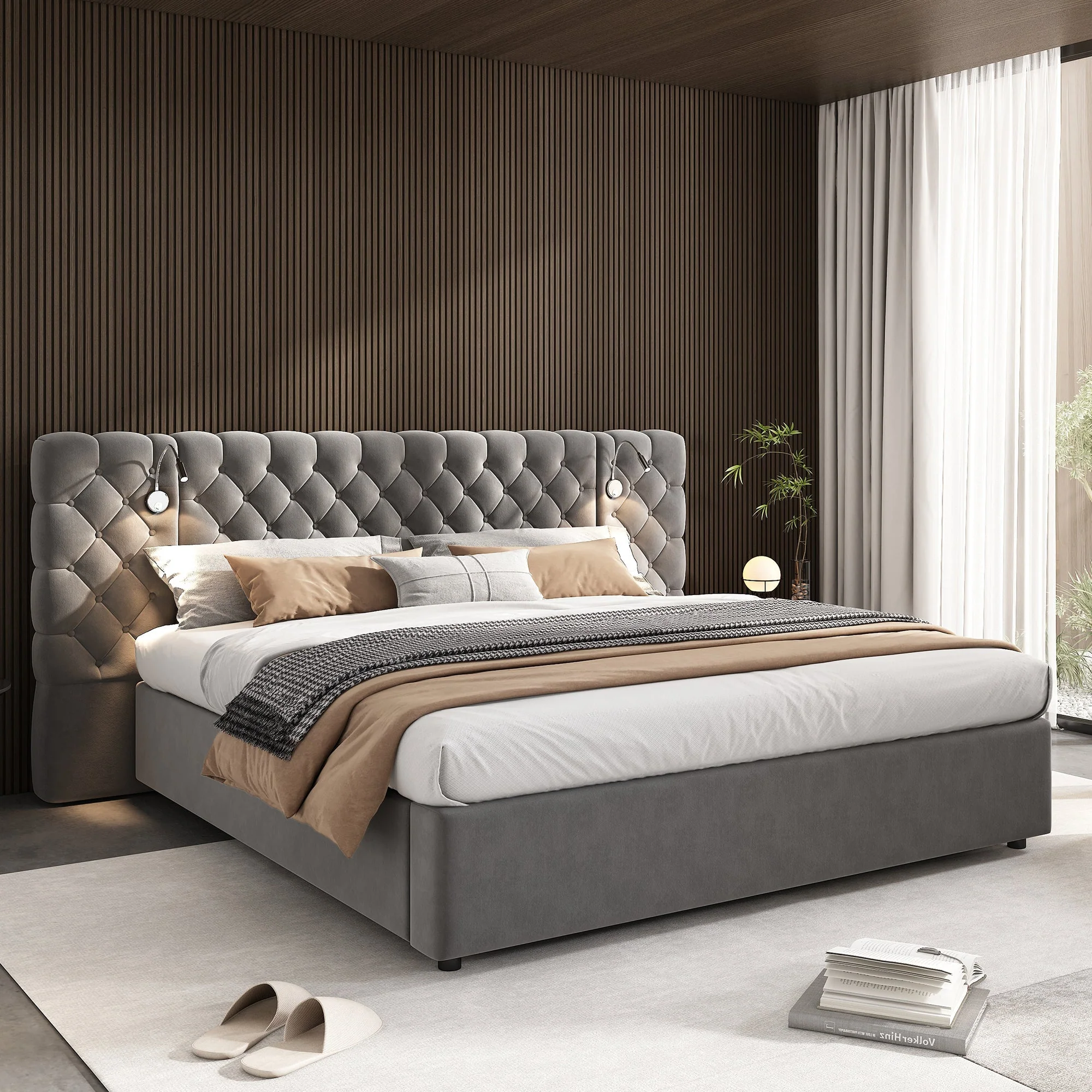 Upholstered Double Bed 160x200cm Hydraulic Storage LED Headboard Lamp - Velvet Grey - Image 8