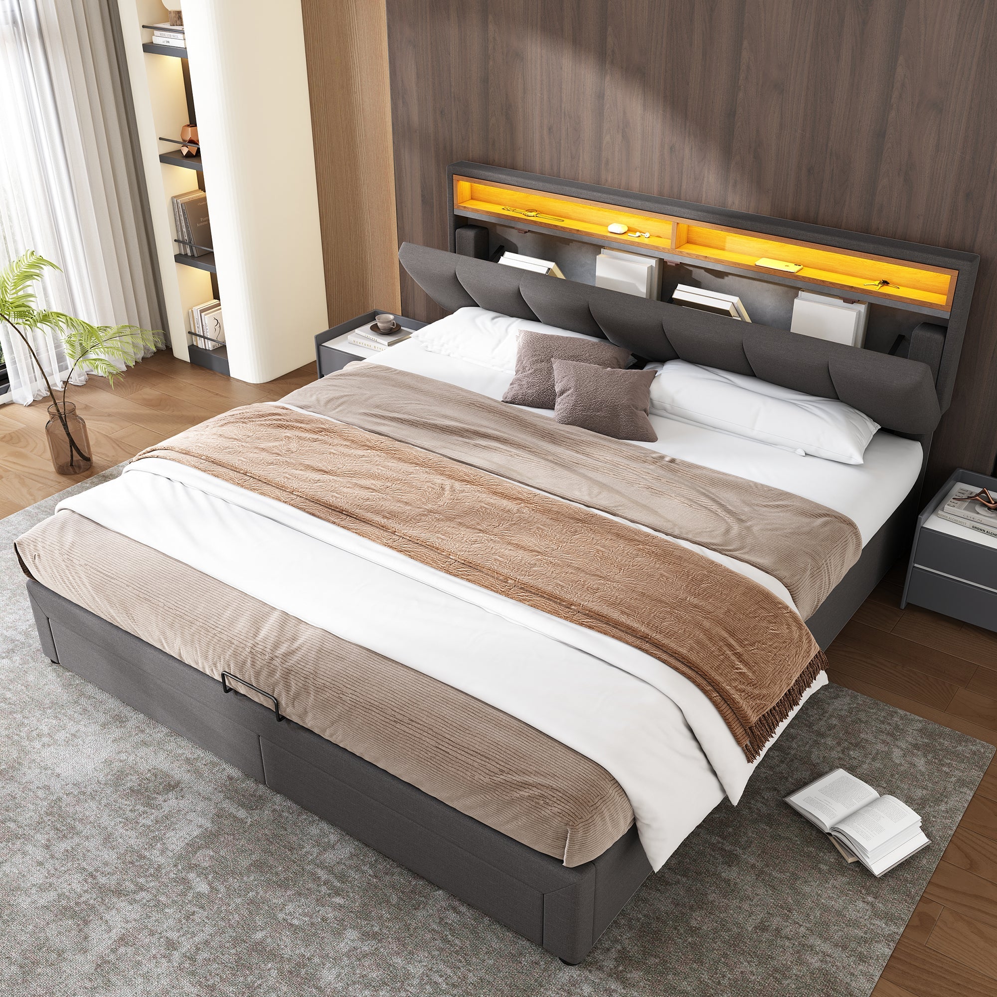 Upholstered Double Bed 160x200cm Hydraulic Storage LED Stowable Headboard - Linen Grey - Image 5