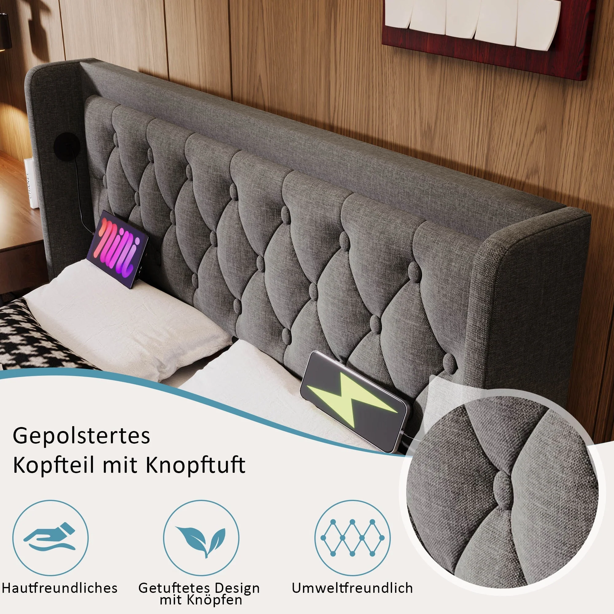 Upholstered Double Bed 160x200cm Hydraulic Storage LED USB Headboard, Grey Cotton - Image 5