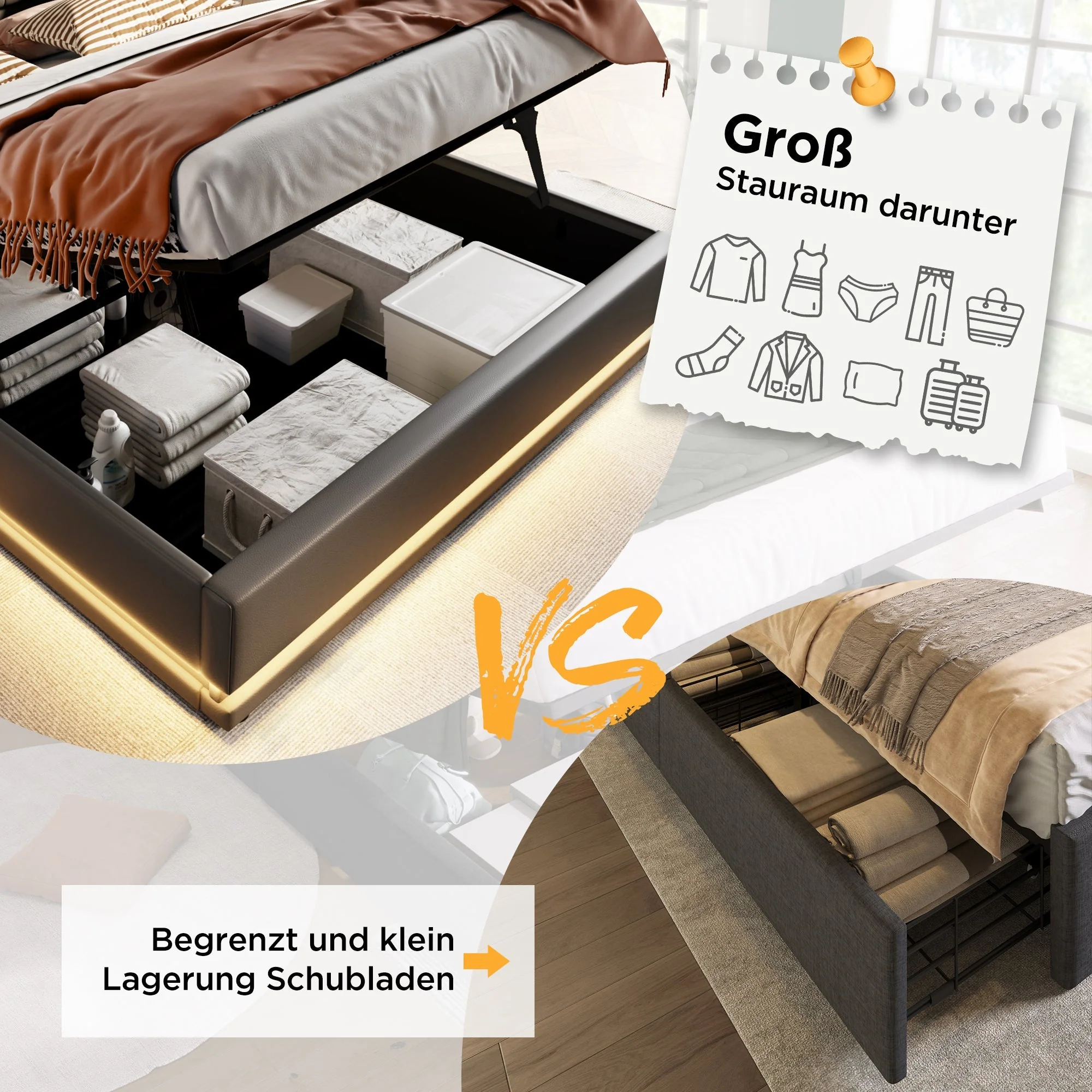 Upholstered Double Bed 160x200cm, Hydraulic Storage & USB Charging, Black PU Leather - Image 4
