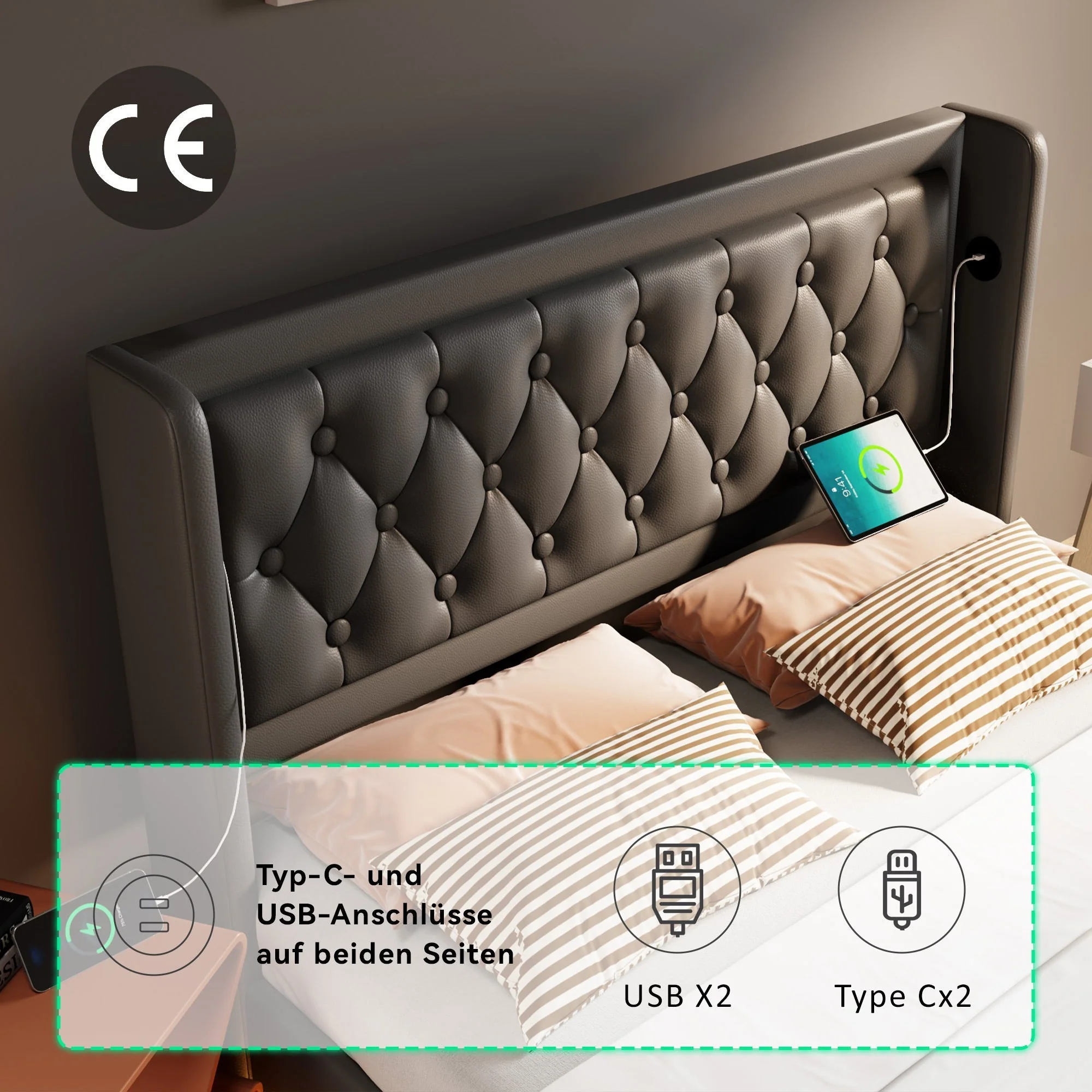 Upholstered Double Bed 160x200cm, Hydraulic Storage & USB Charging, Black PU Leather - Image 6