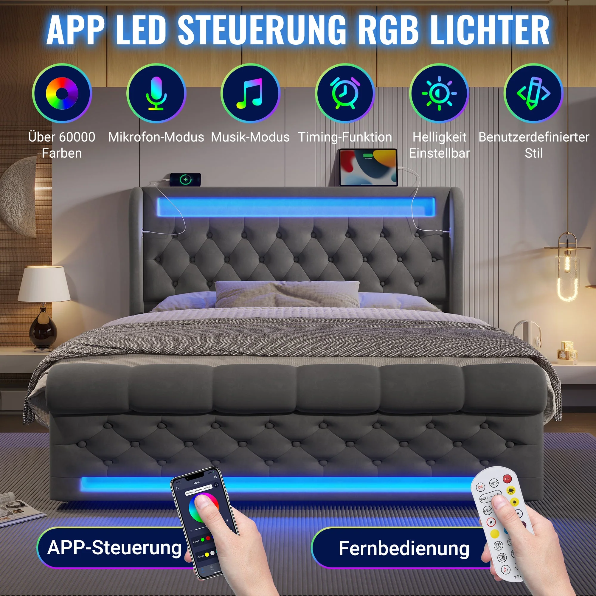 Upholstered Double Bed 160x200cm LED Hydraulic Storage Headboard USB Velvet Grey - Image 5