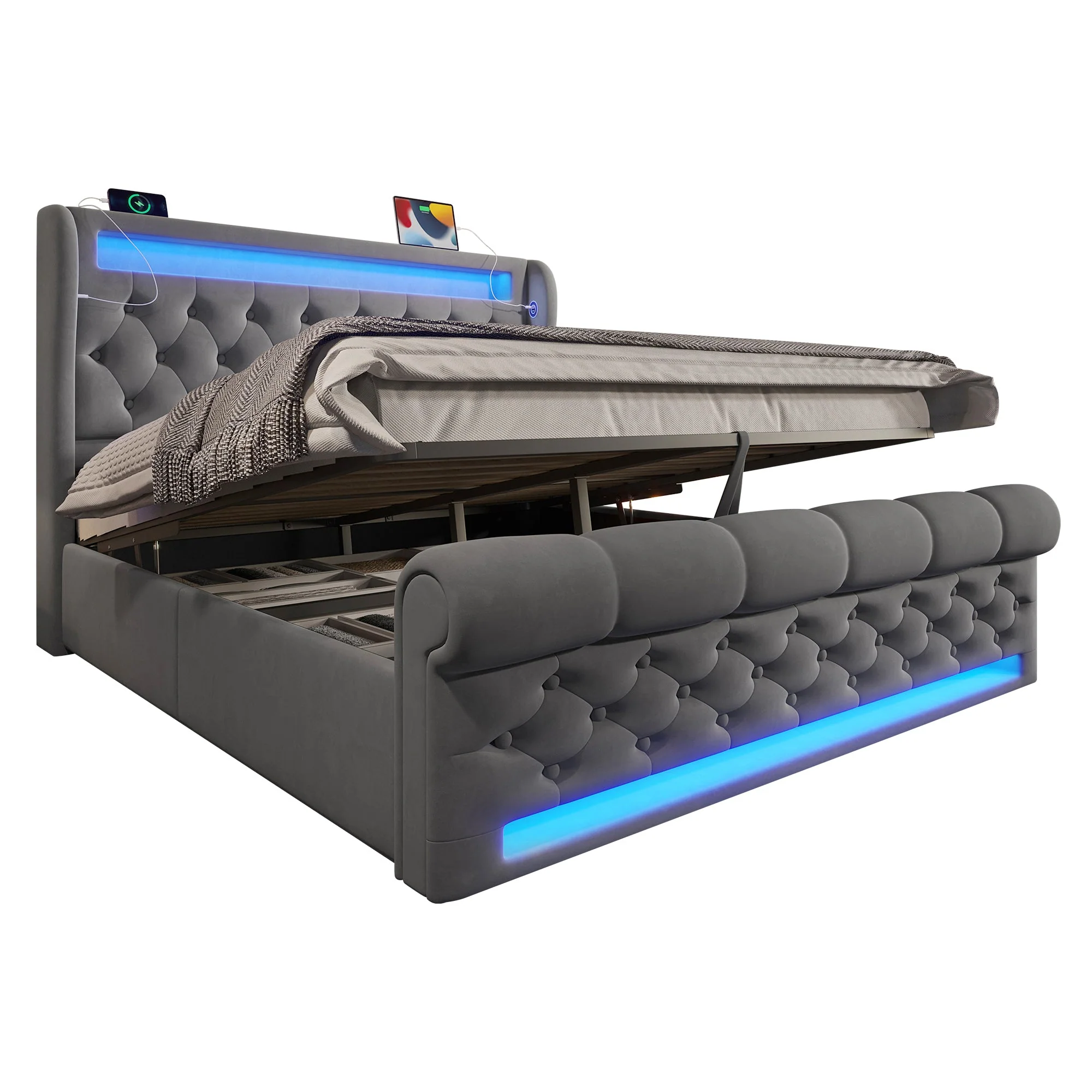 Upholstered Double Bed 160x200cm LED Hydraulic Storage Headboard USB Velvet Grey - Image 8