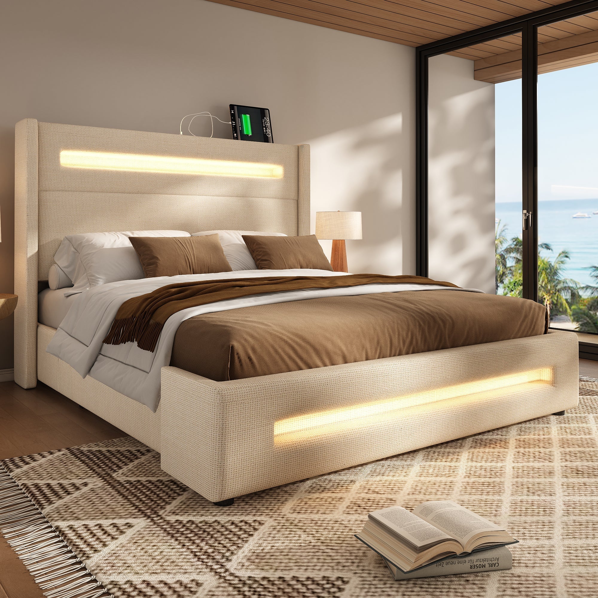 Upholstered Double Bed, 160x200cm LED Hydraulic Storage with USB-C, Beige Linen - Image 10