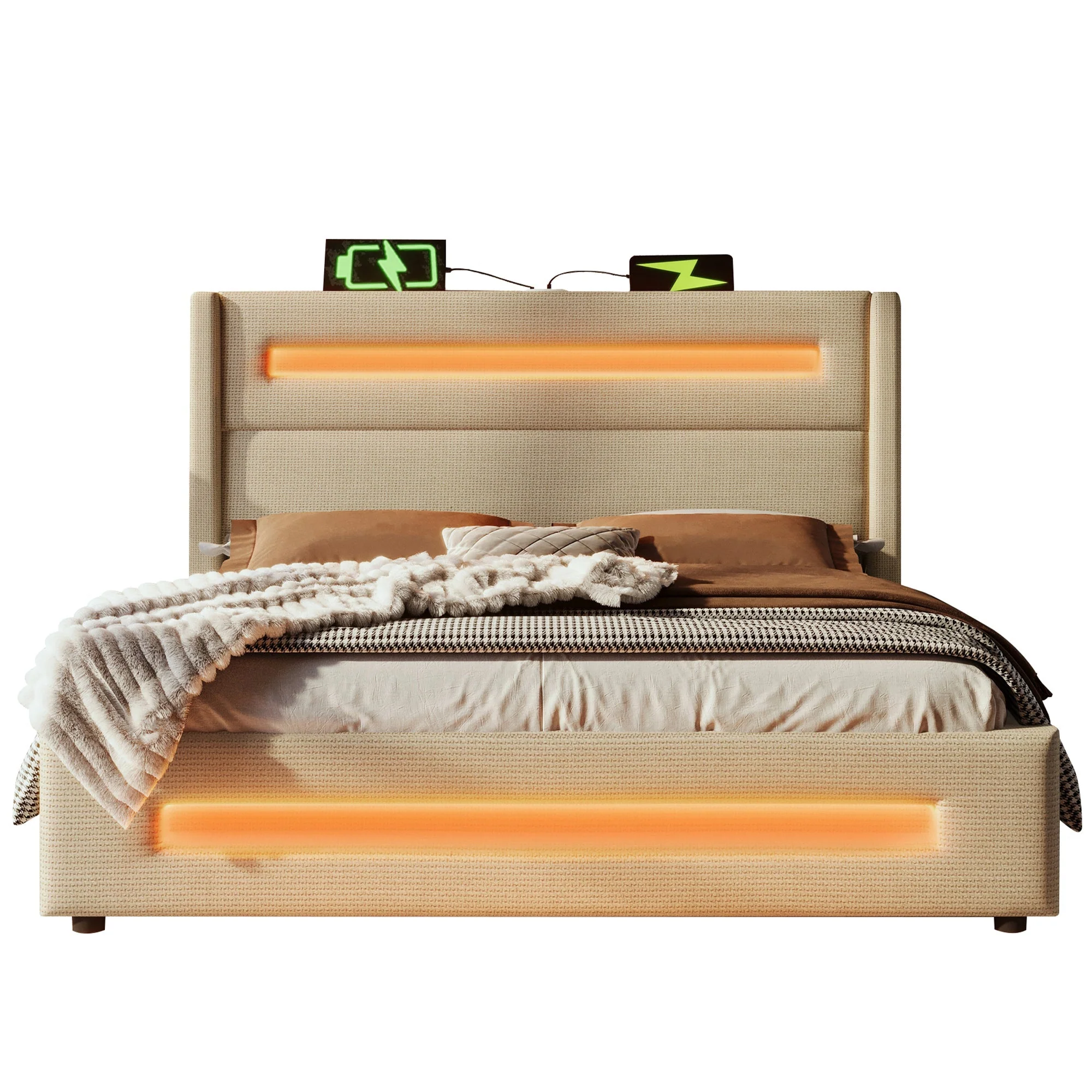Upholstered Double Bed, 160x200cm LED Hydraulic Storage with USB-C, Beige Linen - Image 8
