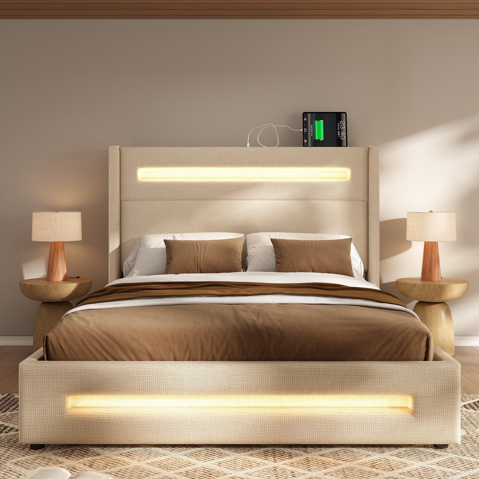 Upholstered Double Bed, 160x200cm LED Hydraulic Storage with USB-C, Beige Linen - Image 9