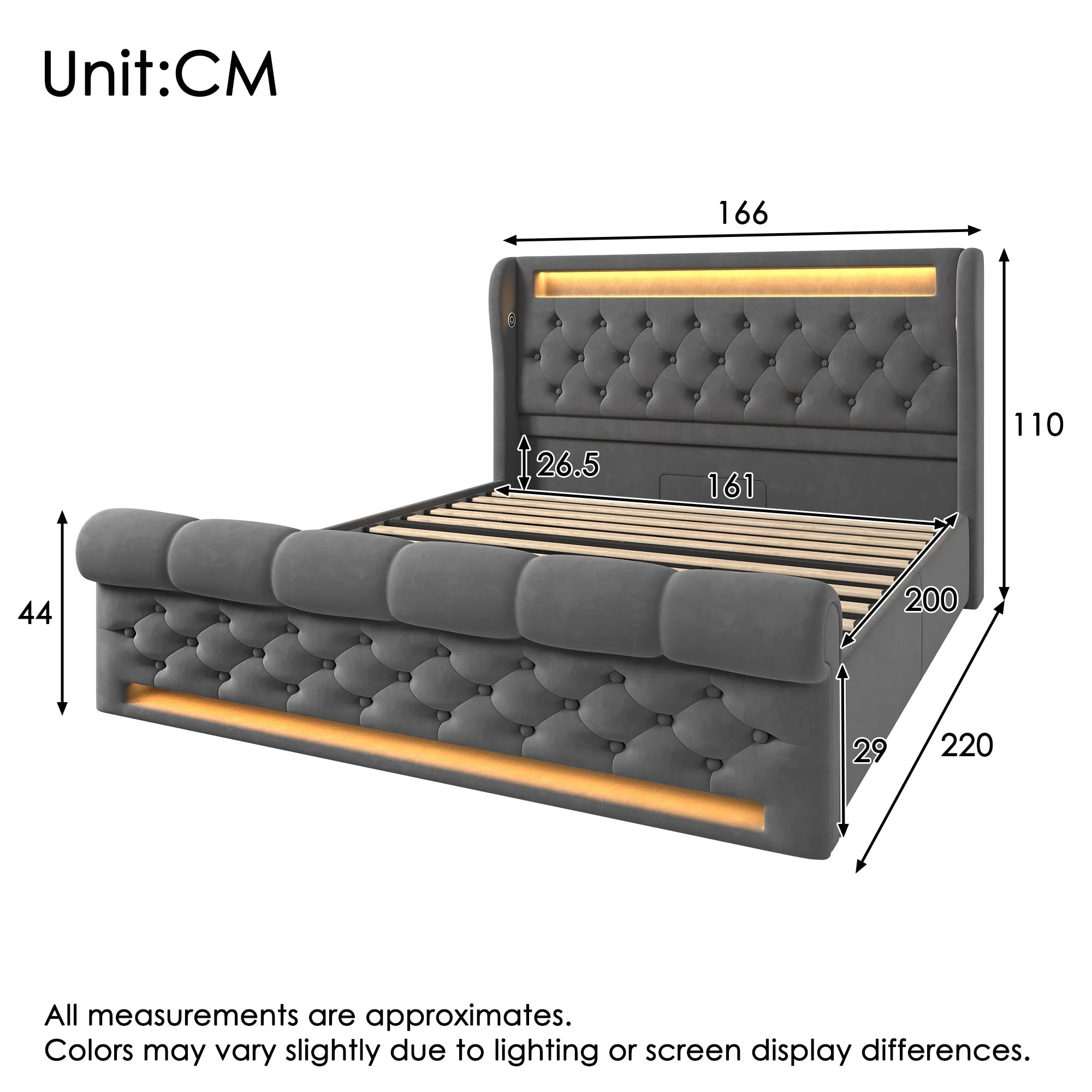 Upholstered Double Bed 160x200cm LED Storage Headboard Hydraulic Grey Velvet - Image 2
