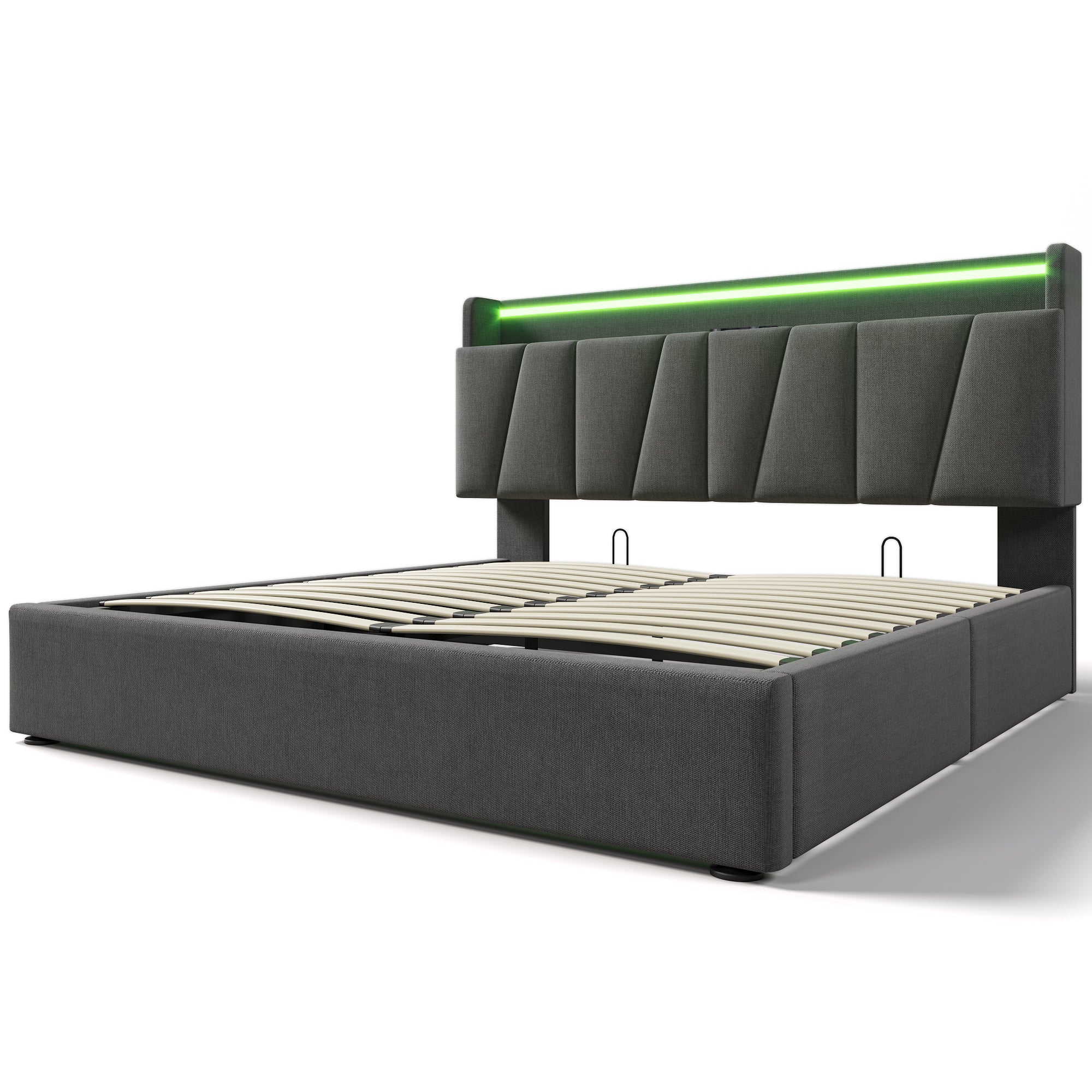Upholstered Double Bed, 160x200cm, USB Charging, LED Lighting, Storage Headboard, Gray - Image 4