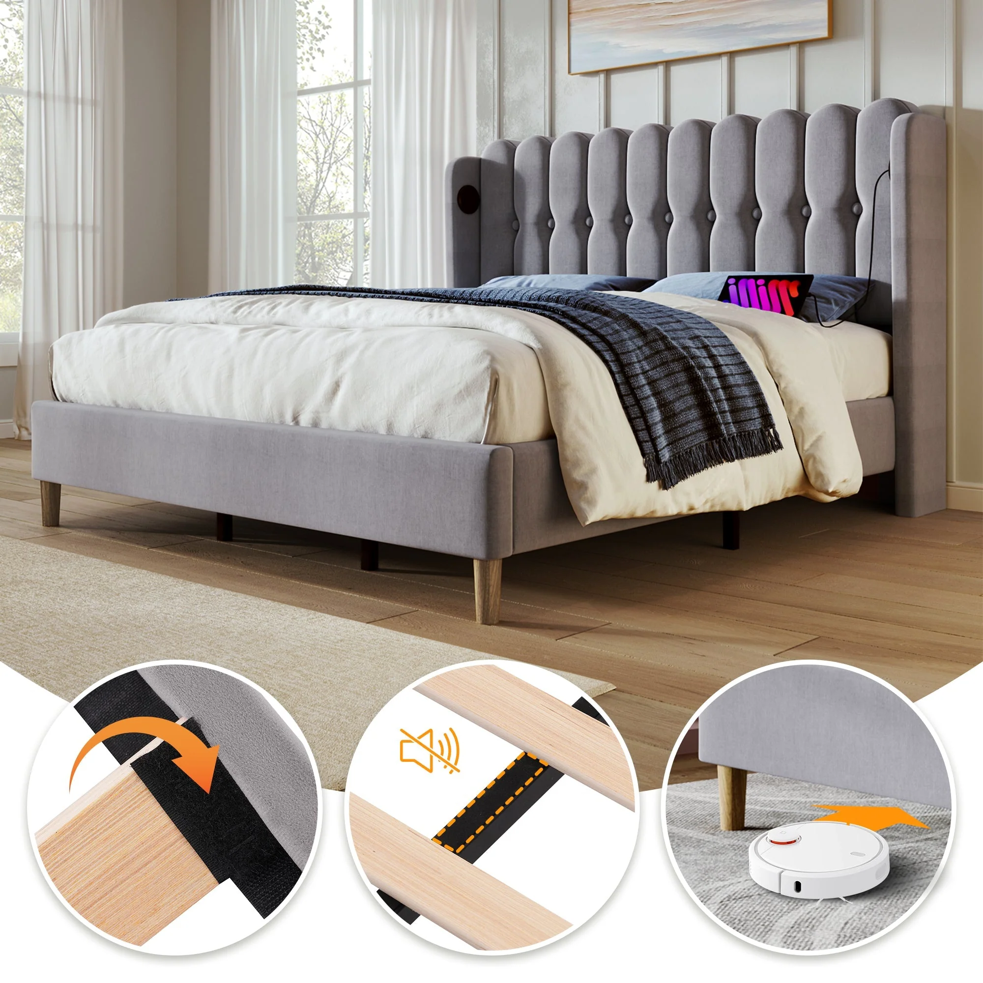 Upholstered Double Bed, 160x200cm, USB Type C Charging, Gray Linen - Image 2