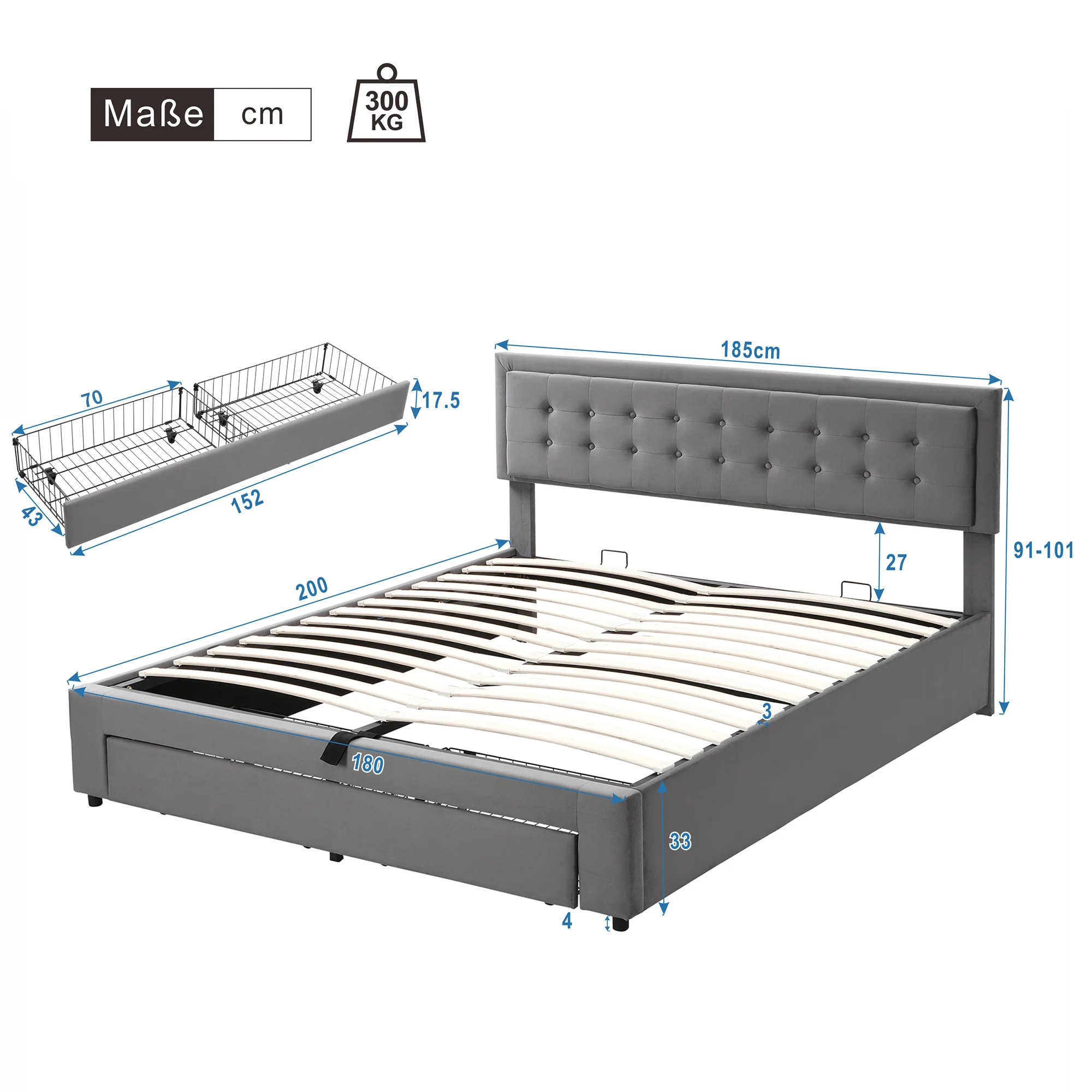 Upholstered Double Bed 180x200 Storage Box Drawers Slatted Frame - Velvet Grey - Image 6