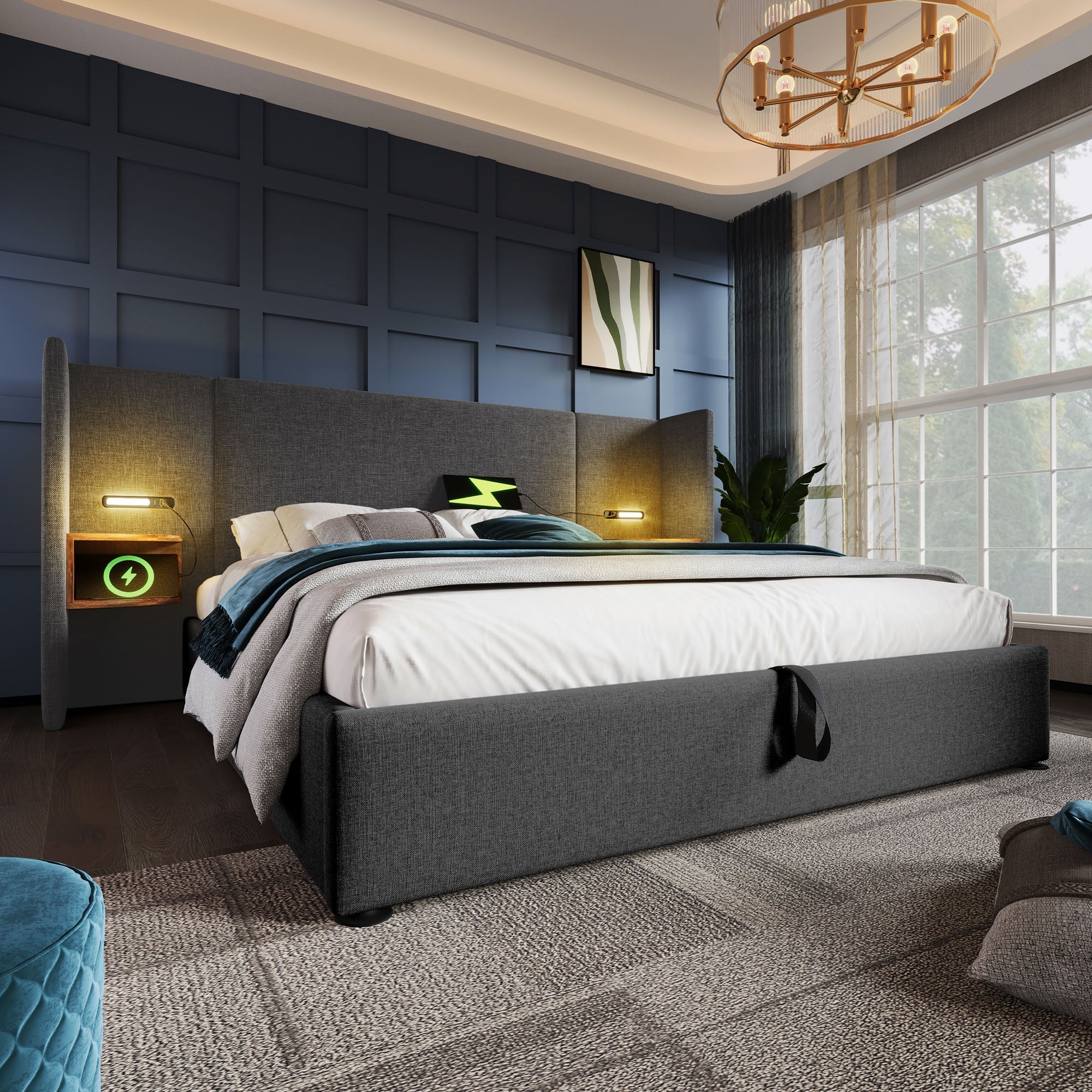 Upholstered Double Bed 180x200 with Bedside Table, Reading Lamp, USB-C Charging, Storage Frame, Solid Wood & Metal, Gray Linen - Image 10