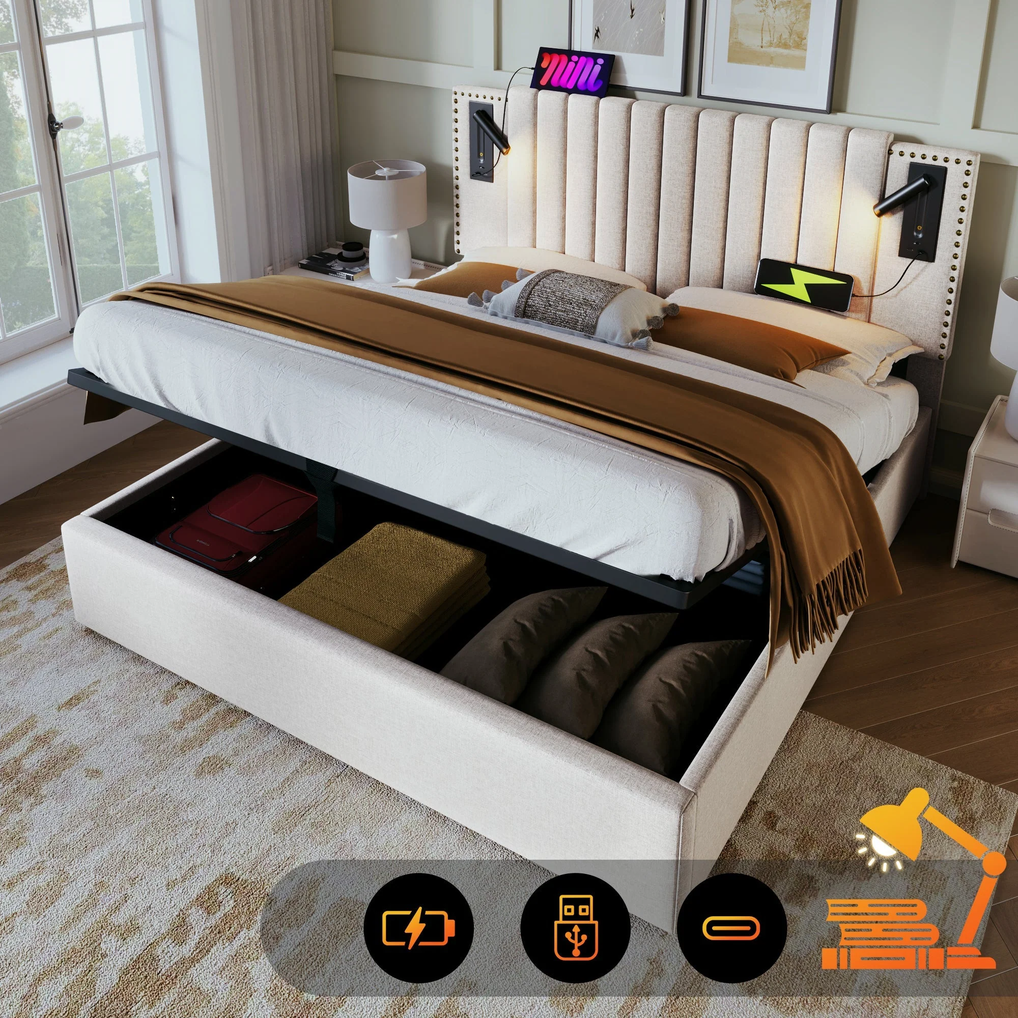 Upholstered Double Bed 180x200 with Storage, Bed Box and USB Reading Light, Beige Cotton - Image 2