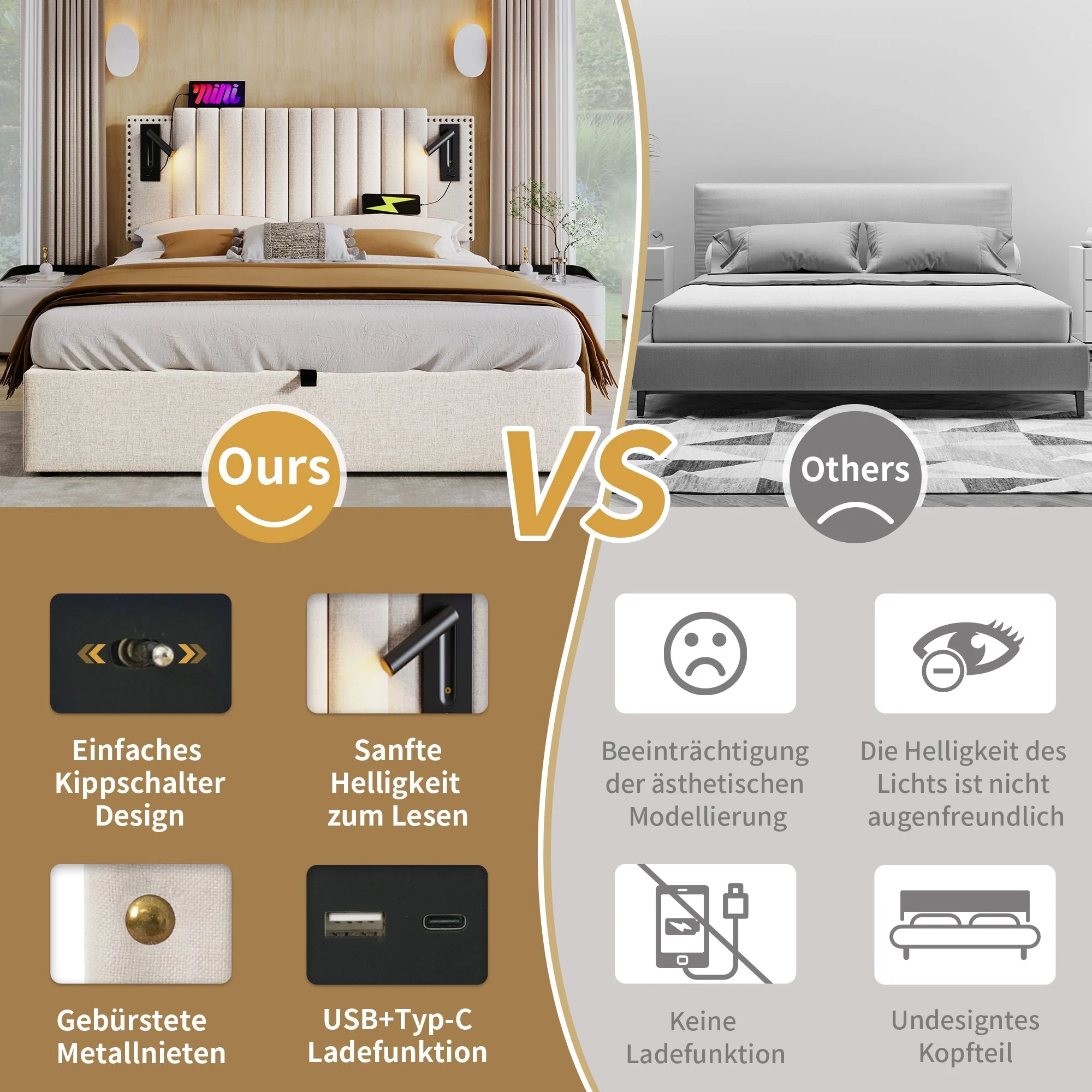 Upholstered Double Bed 180x200 with Storage, Bed Box and USB Reading Light, Beige Cotton - Image 3
