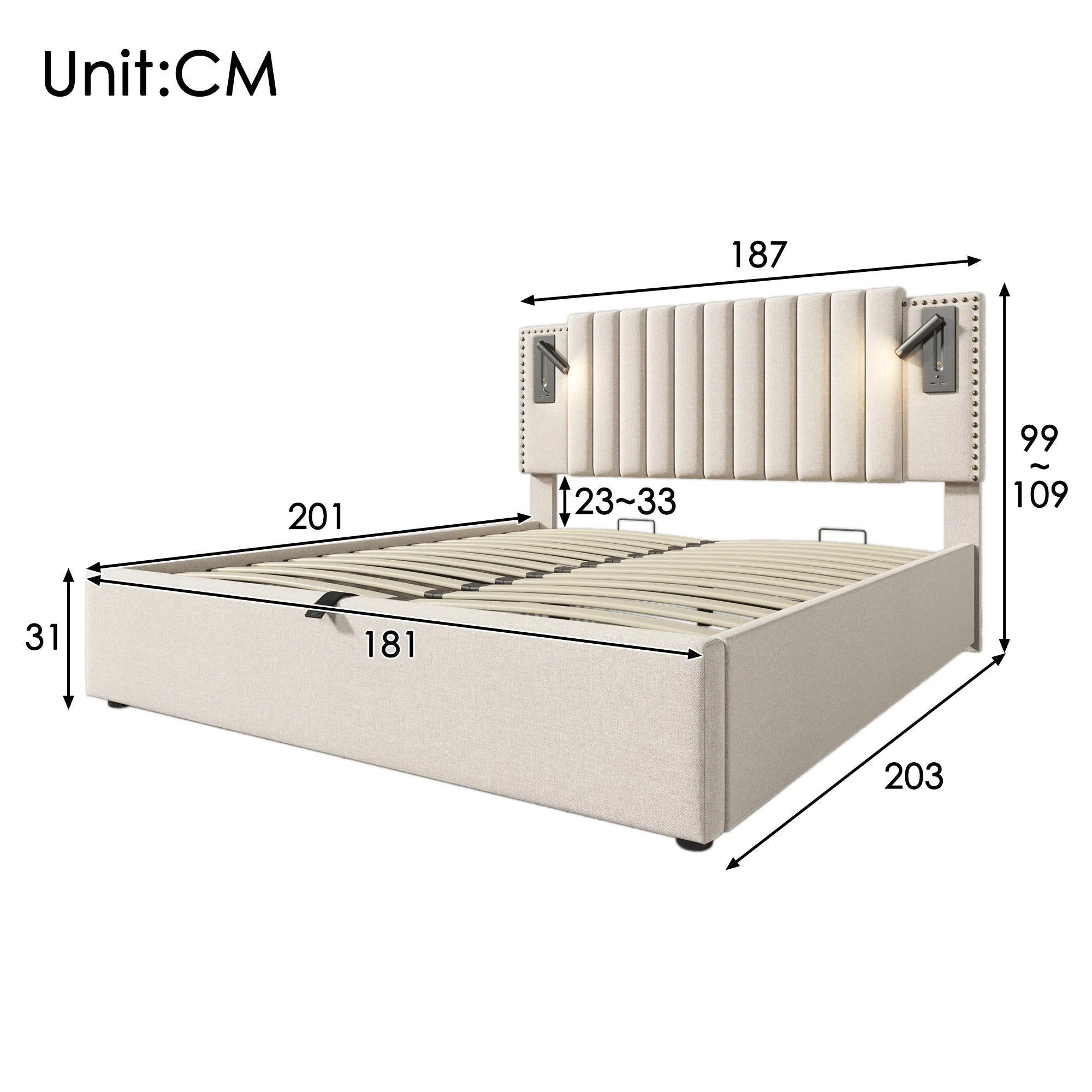 Upholstered Double Bed 180x200 with Storage, Bed Box and USB Reading Light, Beige Cotton - Image 5
