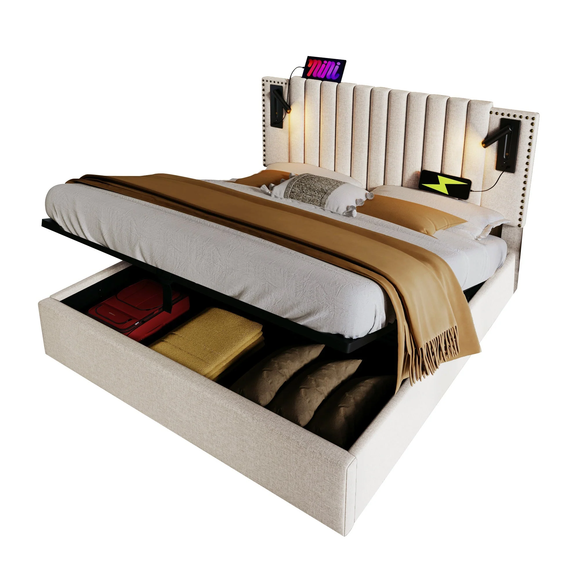 Upholstered Double Bed 180x200 with Storage, Bed Box and USB Reading Light, Beige Cotton - Image 6
