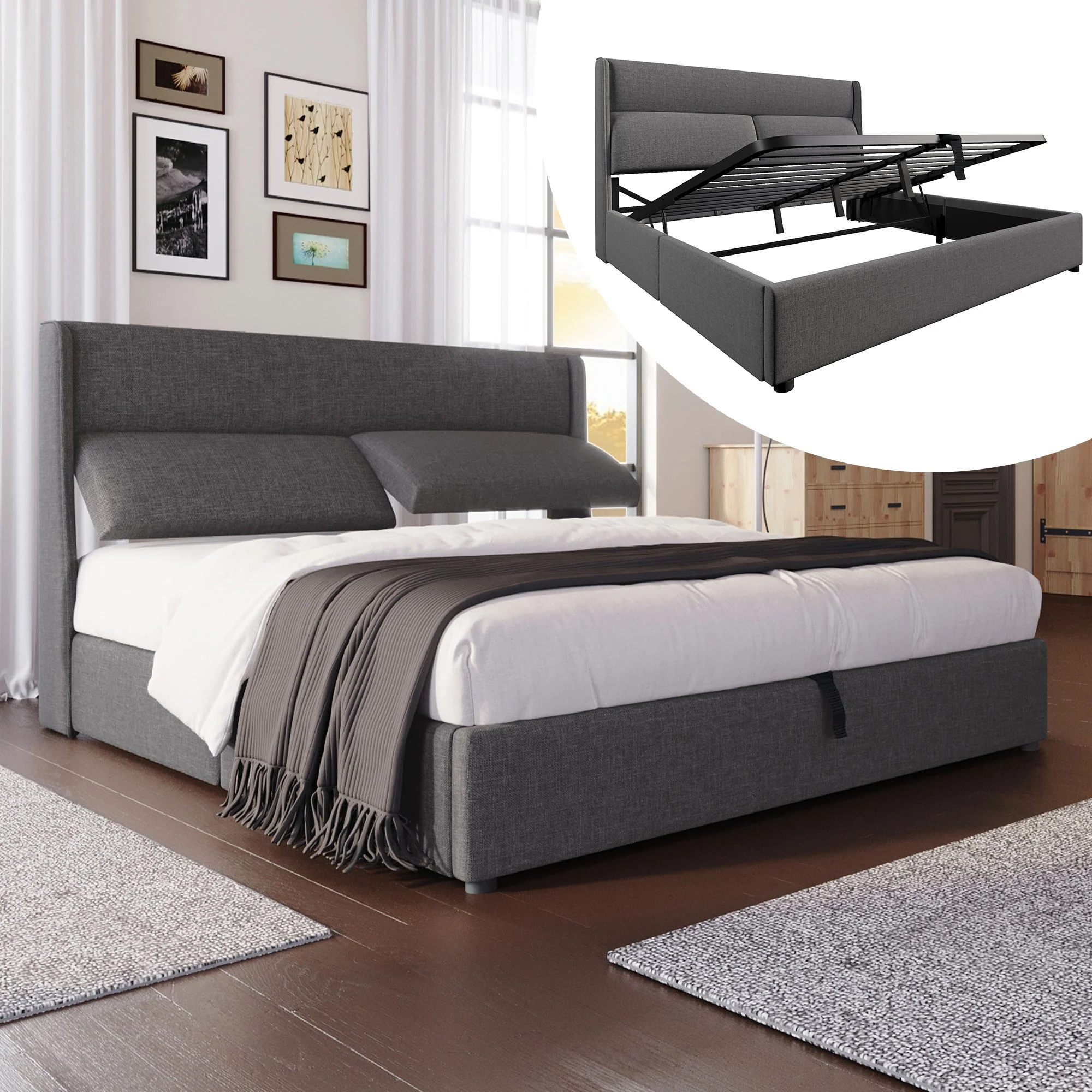 Upholstered Double Bed 180x200cm Hydraulic Storage Adjustable Headrest Linen Grey
