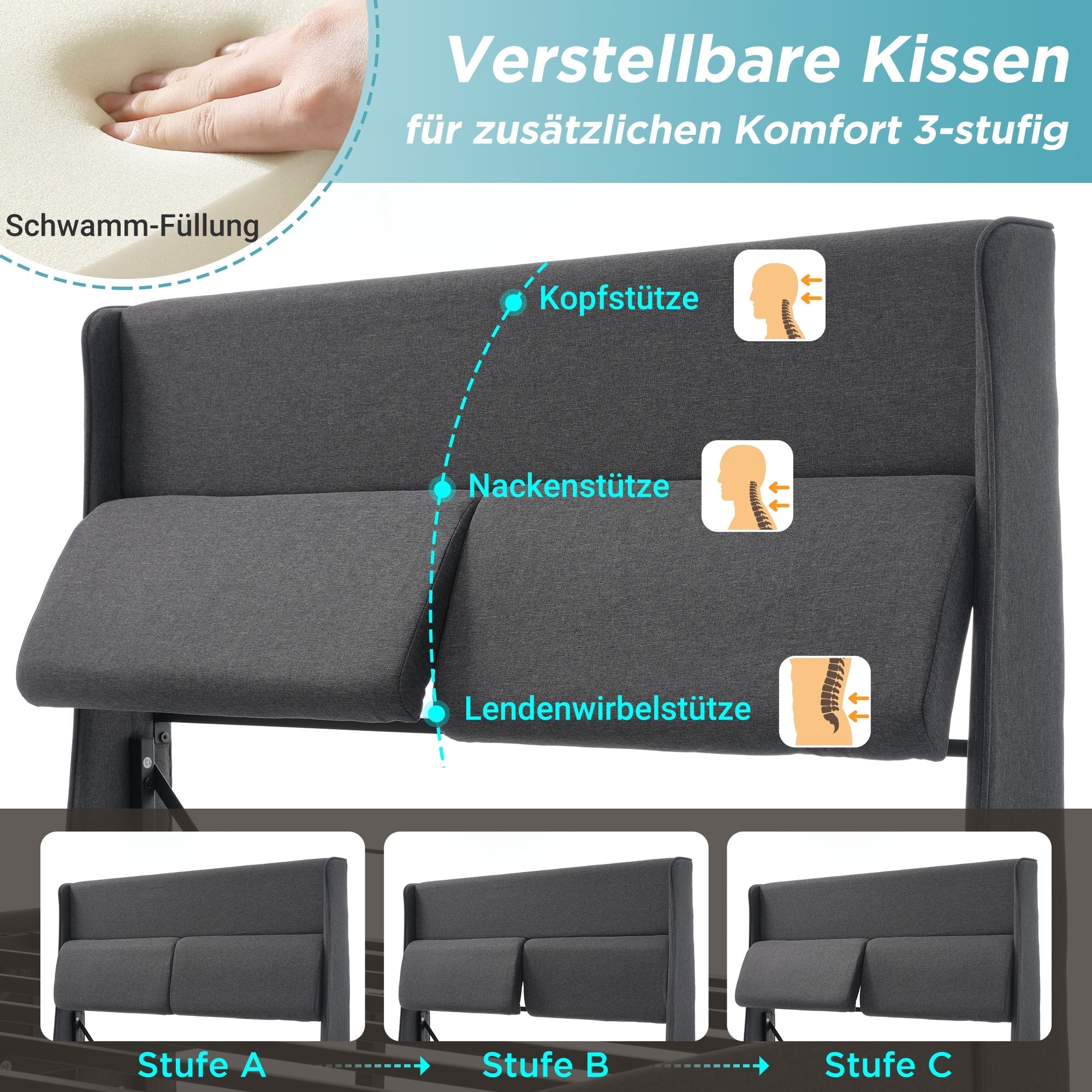 Upholstered Double Bed 180x200cm Hydraulic Storage Adjustable Headrest Linen Grey - Image 4