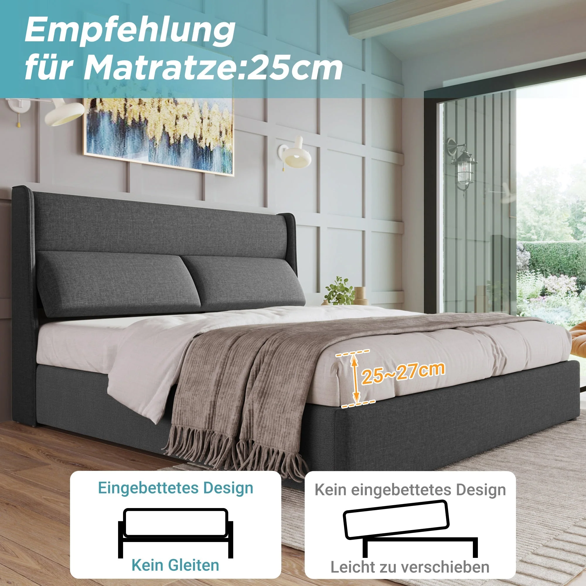 Upholstered Double Bed 180x200cm Hydraulic Storage Adjustable Headrest Linen Grey - Image 6
