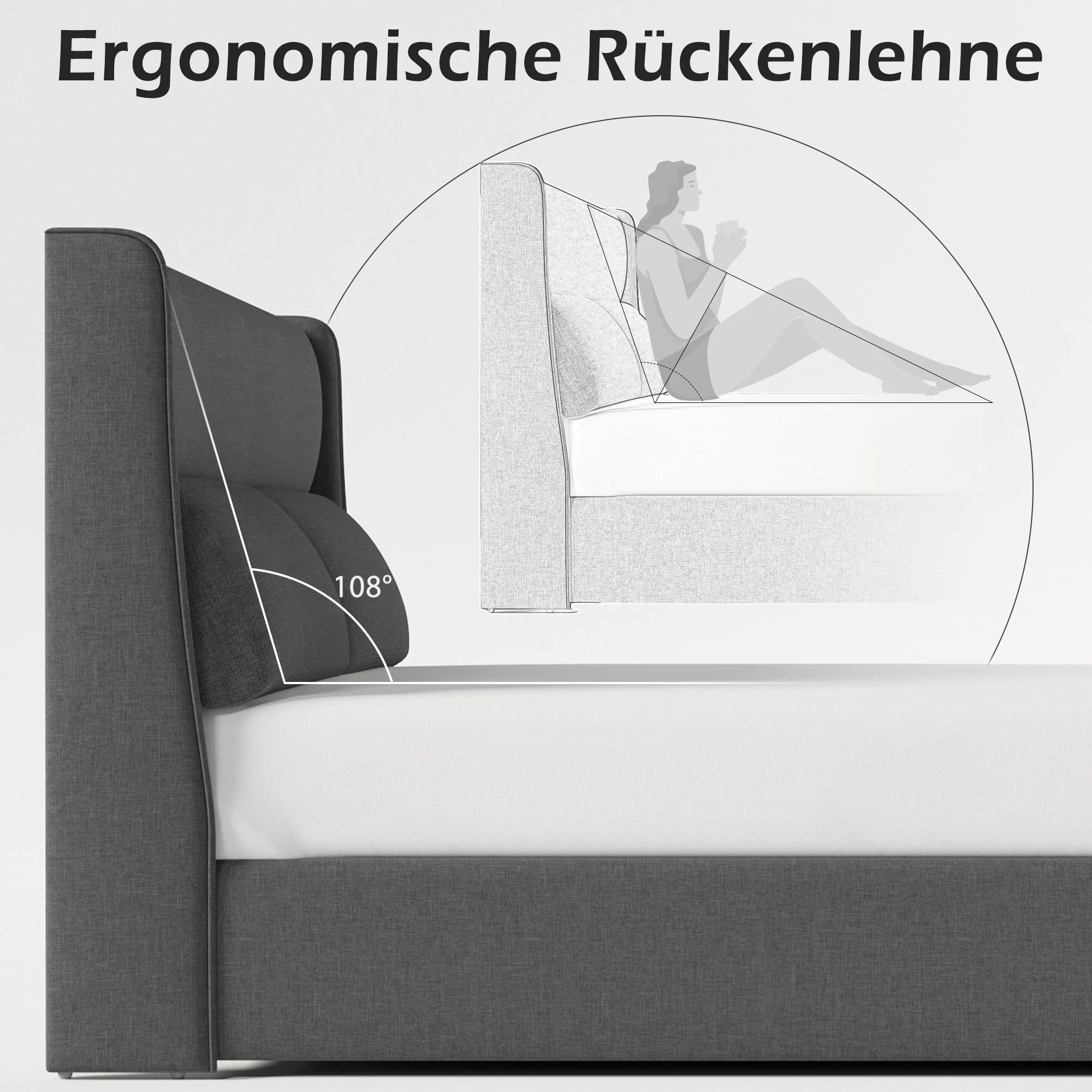 Upholstered Double Bed 180x200cm Hydraulic Storage Adjustable Headrest Linen Grey - Image 7