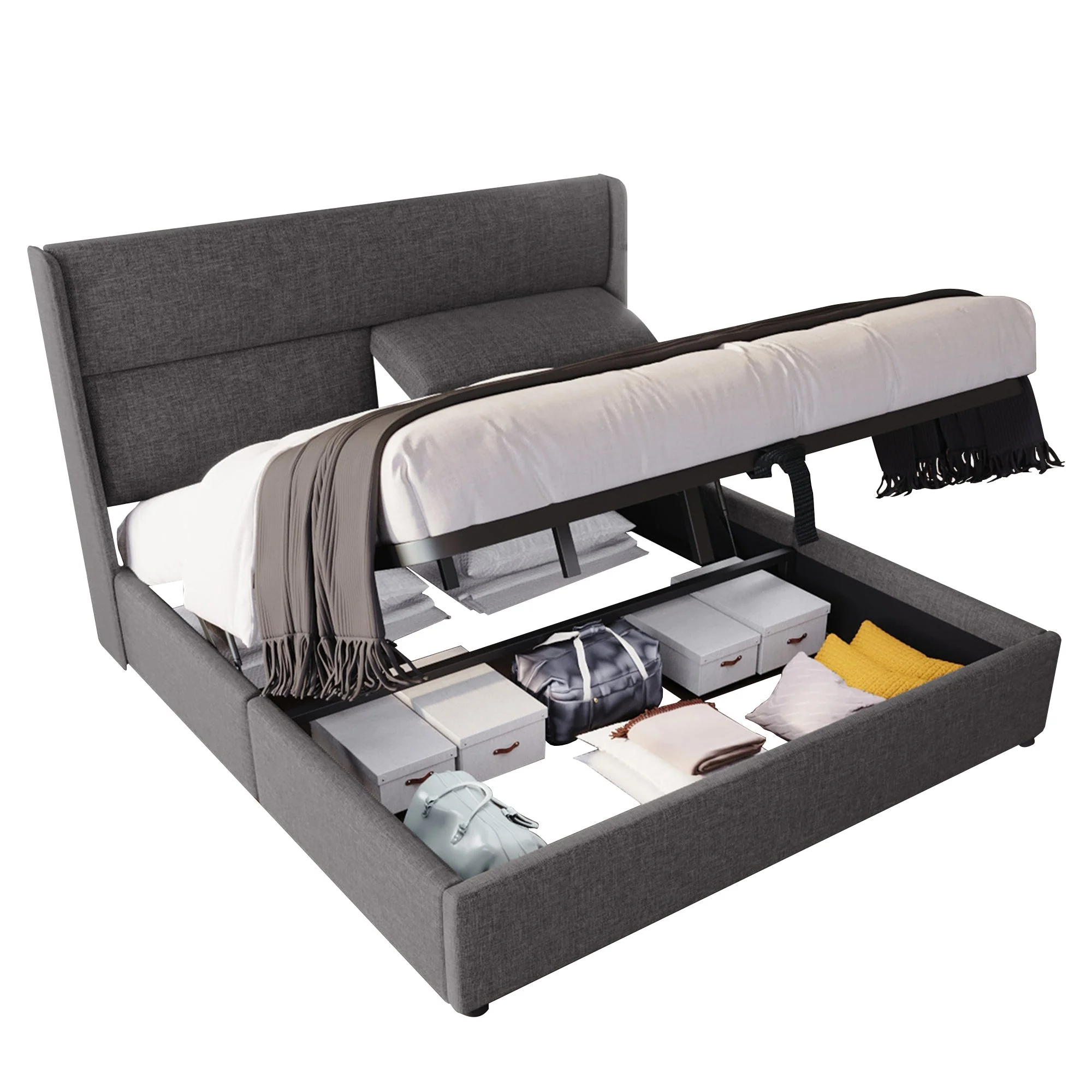 Upholstered Double Bed 180x200cm Hydraulic Storage Adjustable Headrest Linen Grey - Image 8