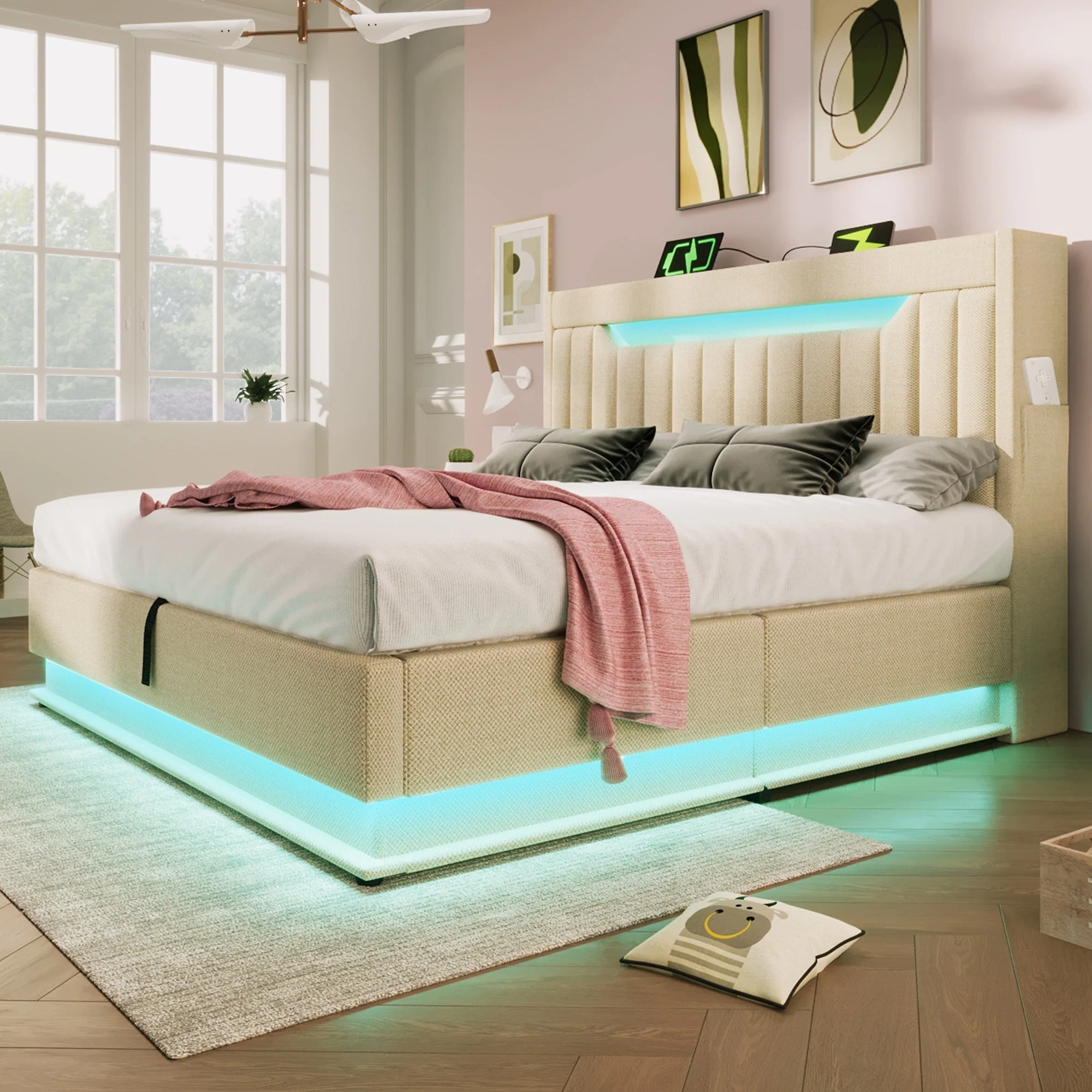 Upholstered Double Bed 180x200cm, Hydraulic Storage Headboard with LED/USB Ports, Beige Linen - Image 2