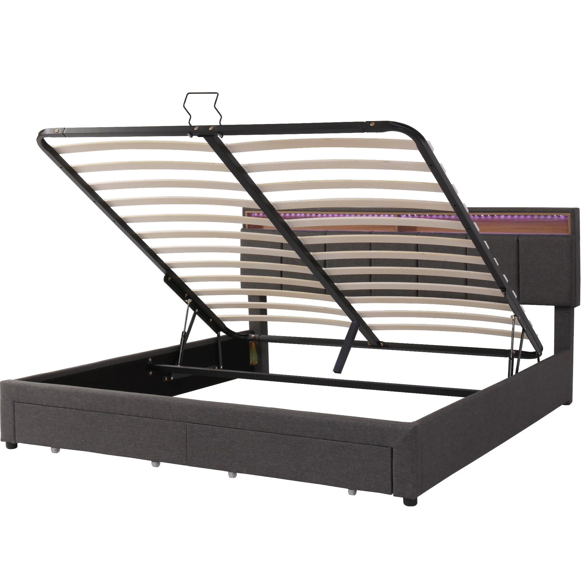 Upholstered Double Bed 180x200cm Hydraulic Storage LED Drawers - Linen Grey - Image 10