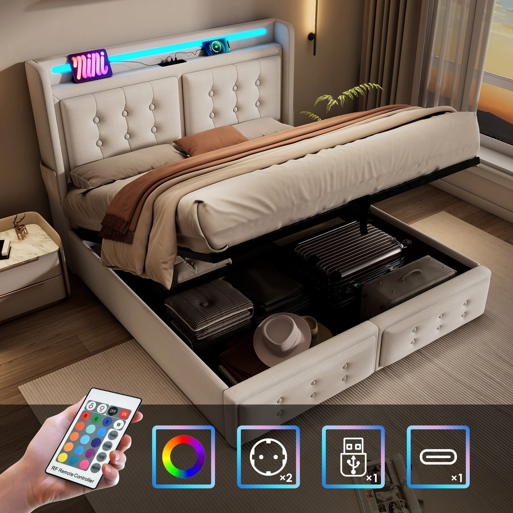 Upholstered Double Bed 180x200cm, Hydraulic Storage, LED Headboard and USB-C Charging, Beige Cotton