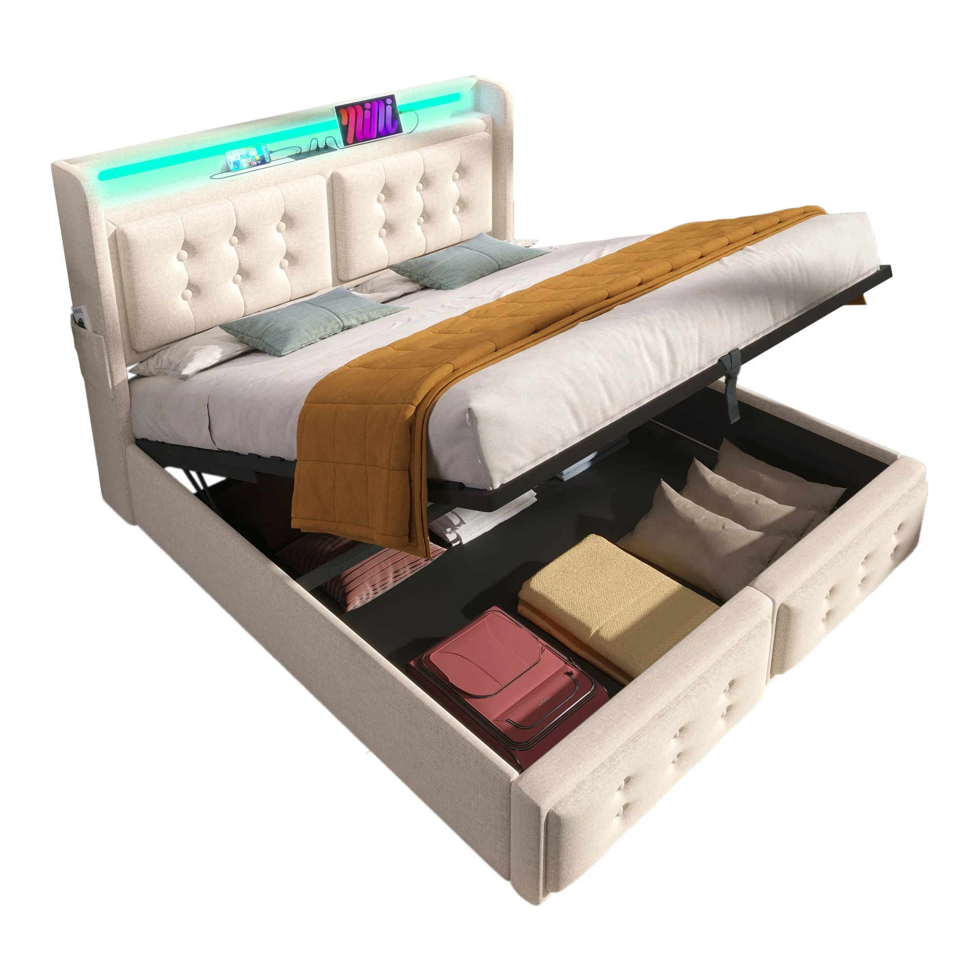 Upholstered Double Bed 180x200cm, Hydraulic Storage, LED Headboard and USB-C Charging, Beige Cotton - Image 7