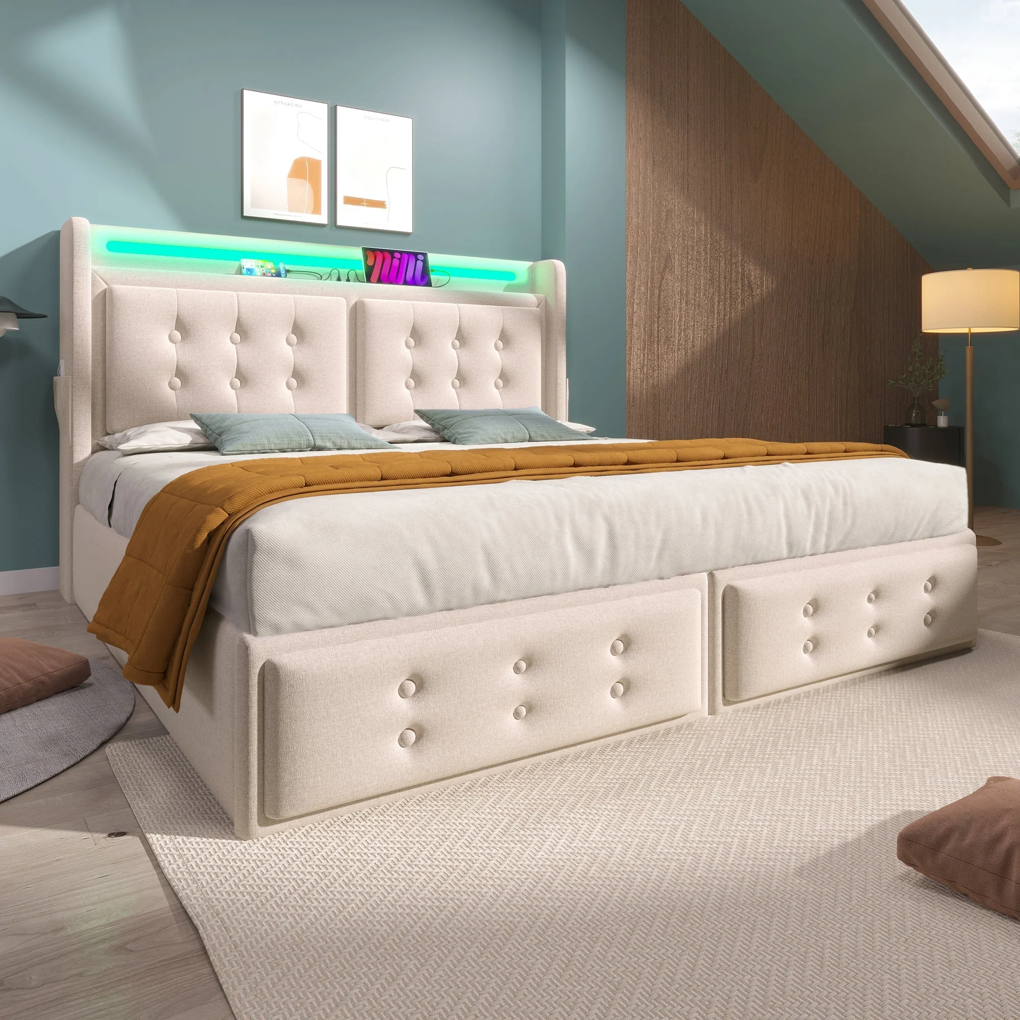 Upholstered Double Bed 180x200cm, Hydraulic Storage, LED Headboard and USB-C Charging, Beige Cotton - Image 9