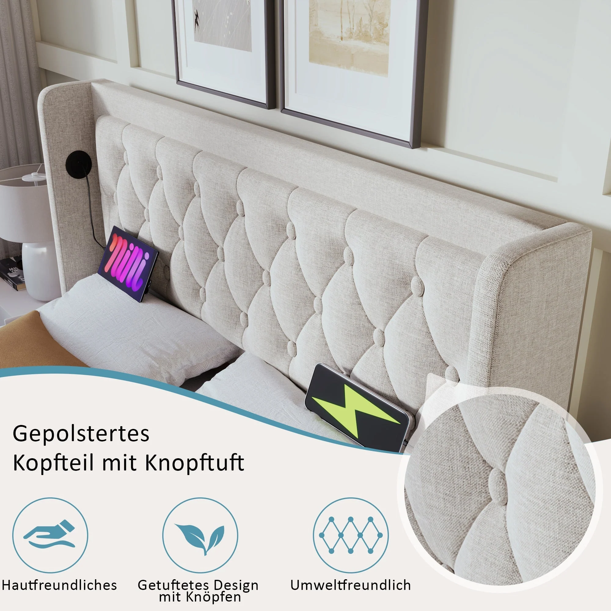 Upholstered Double Bed 180x200cm Hydraulic Storage LED Headboard USB-C, Beige Cotton - Image 7
